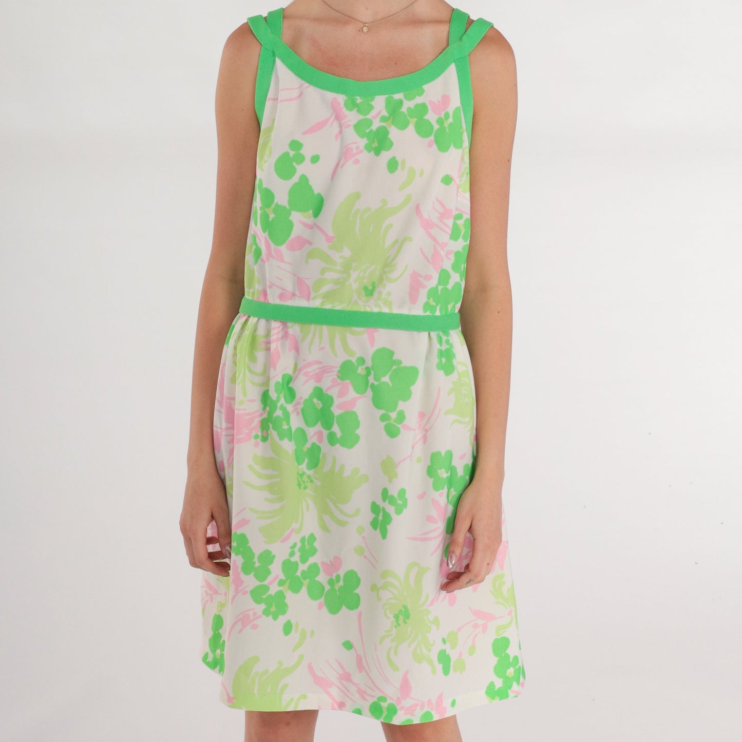 70s Floral Mini Dress White Green Pink Sleeveless High Waist Small