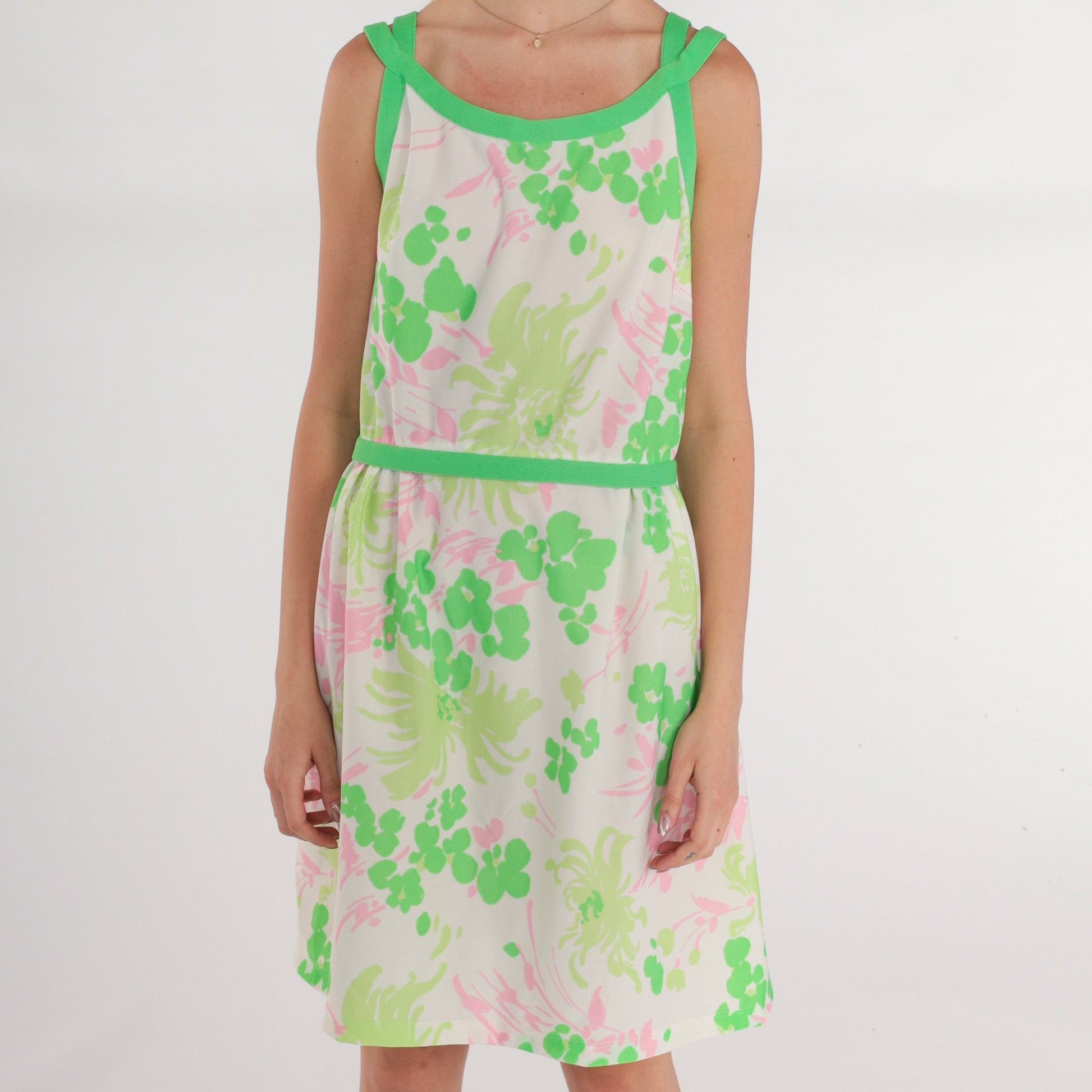 70s Floral Mini Dress White Green Pink Sleeveless High Waist Small