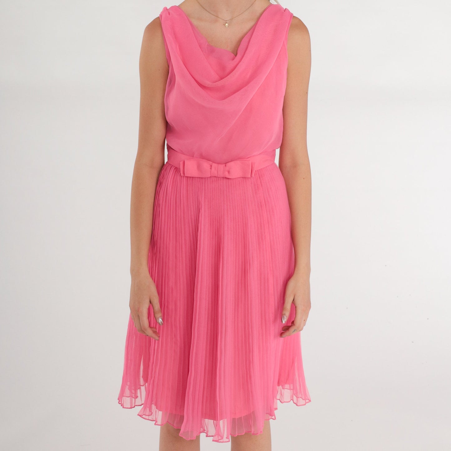70s Eddie Nober Pink Chiffon Mini Dress Cowl Neck Bow Belt XS