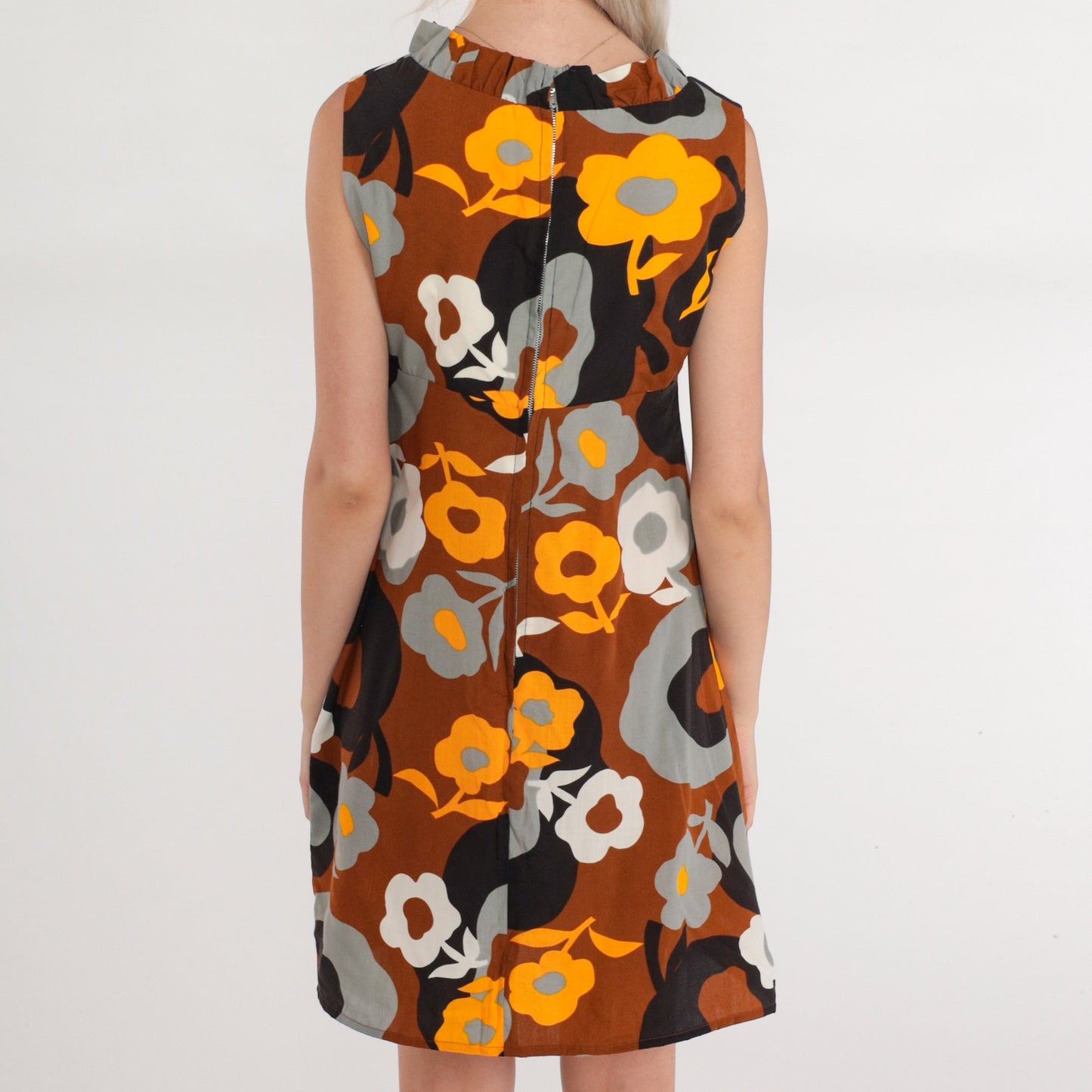 70s Floral Babydoll Mini Dress Psychedelic Print Brown Yellow Small