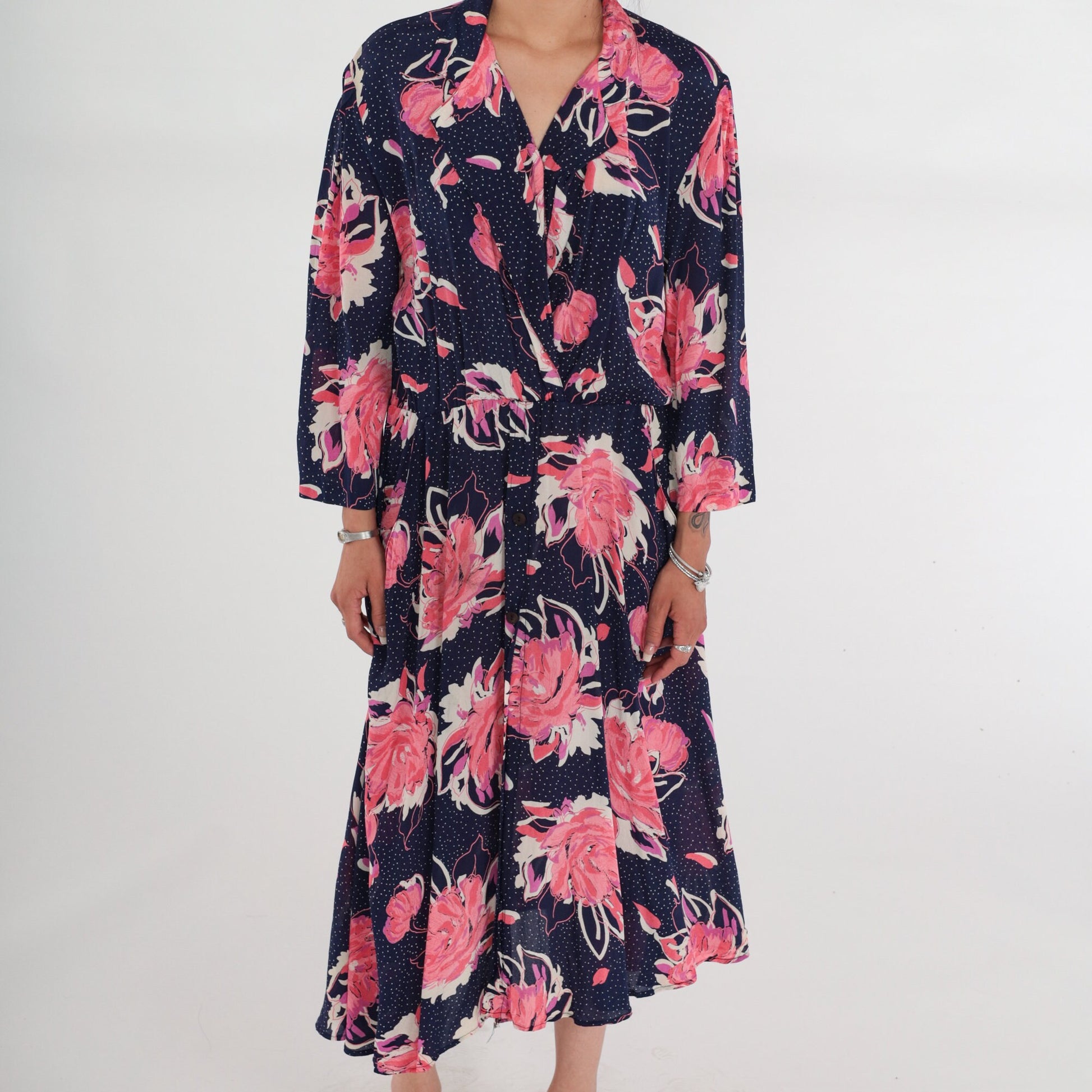 80s Navy Floral Polka Dot Midi Wrap Dress Collared V-Neck 3/4 Sleeve Medium