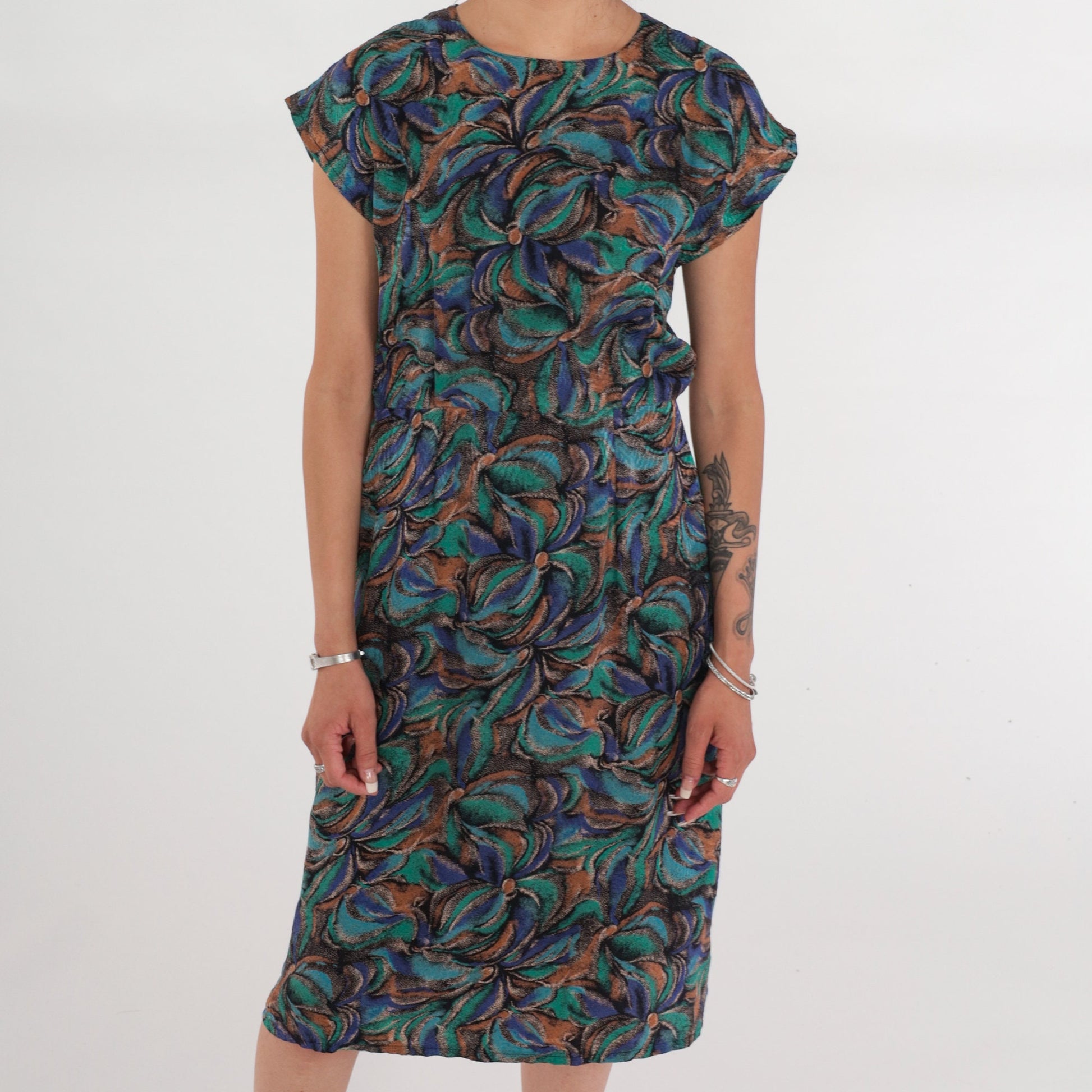 80s Silk Floral Midi Dress Cap Sleeve High Waist Abstract Print Small