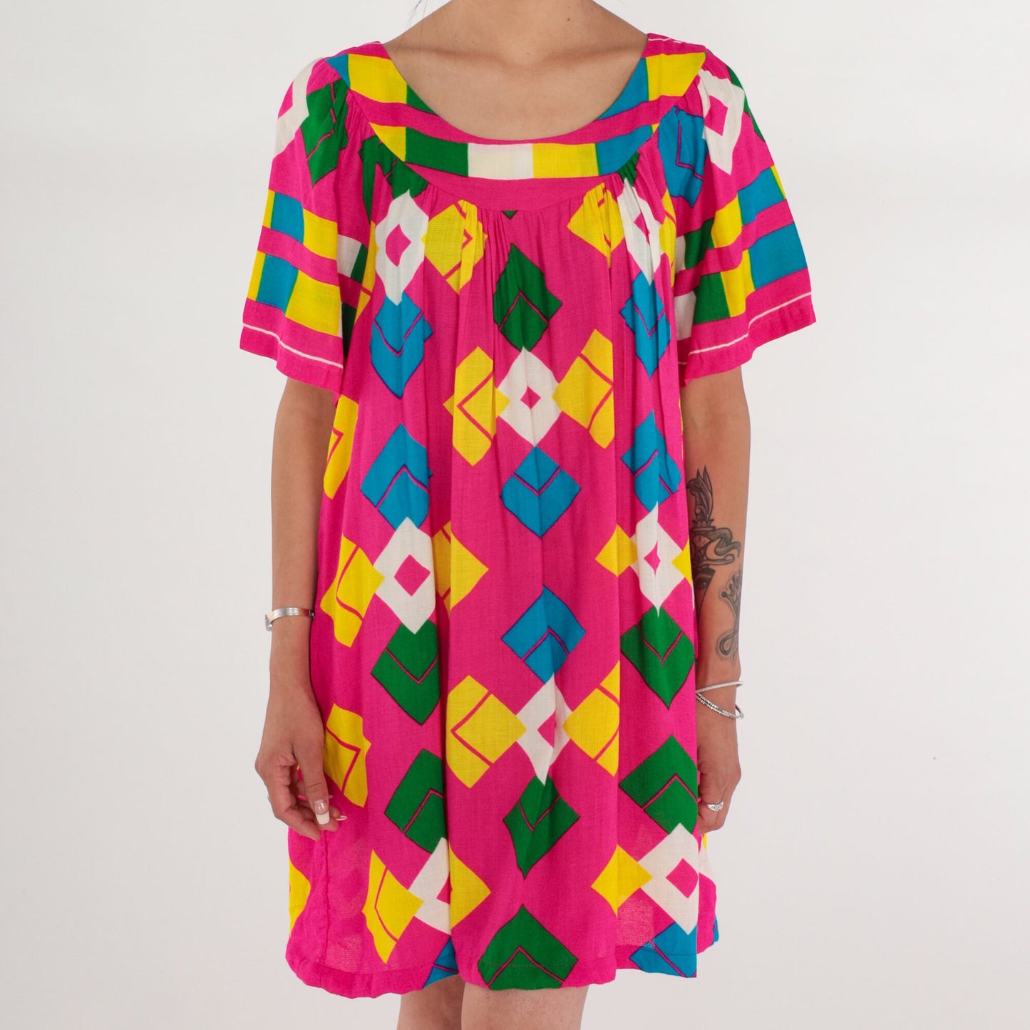 70s Pink Geometric Diamond Print Mini Dress Tent Cut Short Sleeve Large
