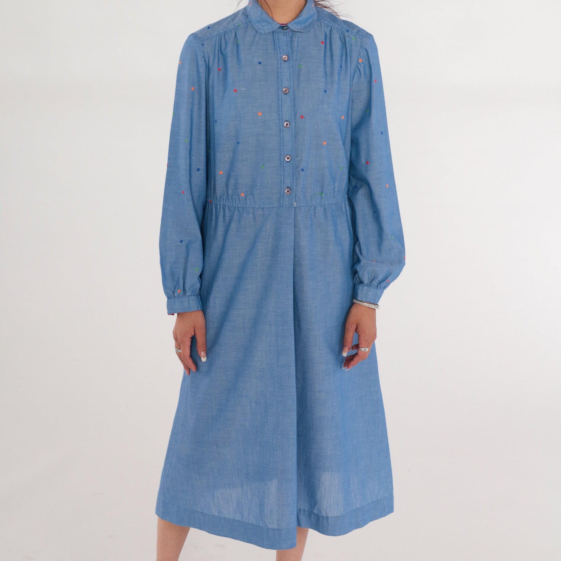 70s Blue Chambray Polka Dot Midi Dress Peter Pan Collar High Waisted Medium Large