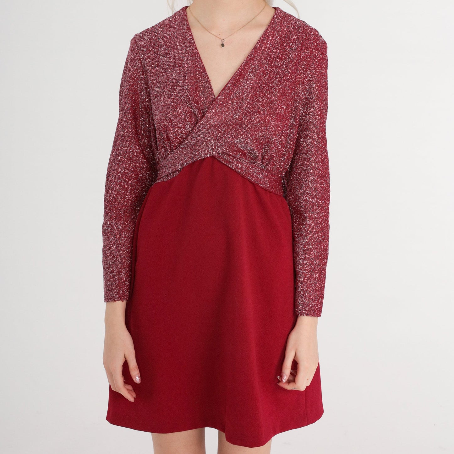 70s Metallic Red Mini Dress Empire Waist Wrap Long Sleeve Medium
