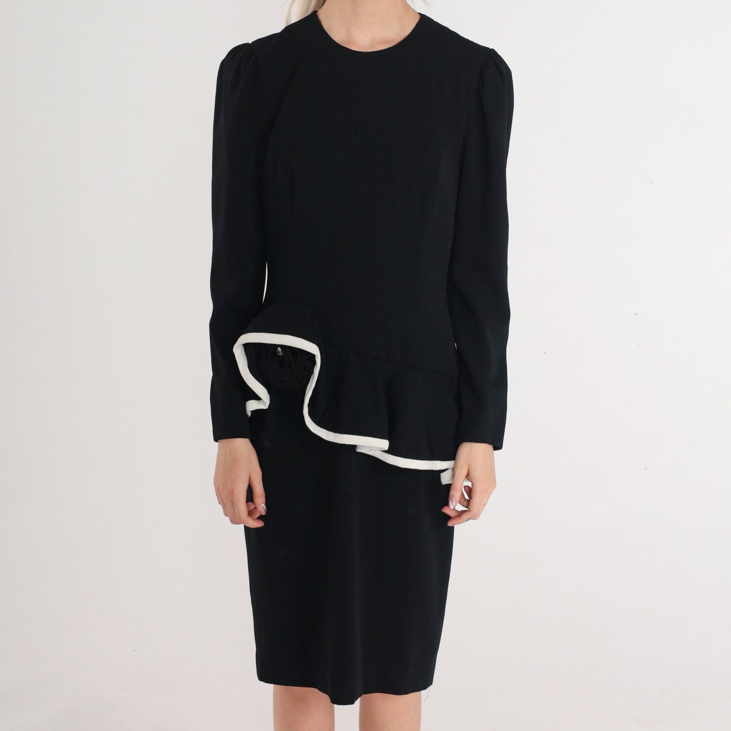80s Black Peplum Dress White Asymmetrical Ruffle Long Puff Sleeve Knee-Length Small