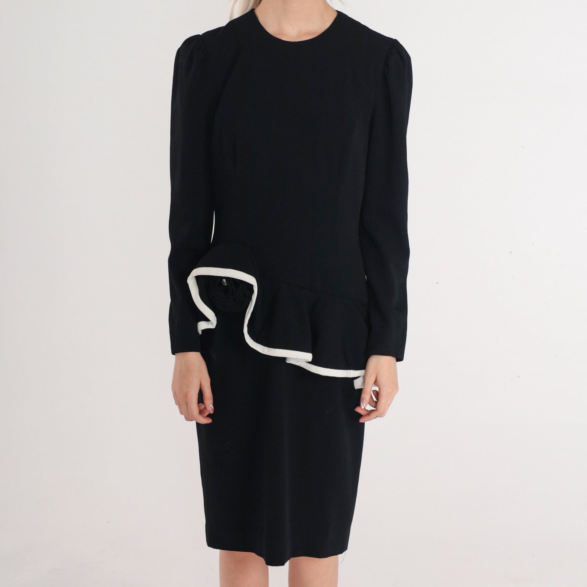 80s Black Peplum Dress White Asymmetrical Ruffle Long Puff Sleeve Knee-Length Small