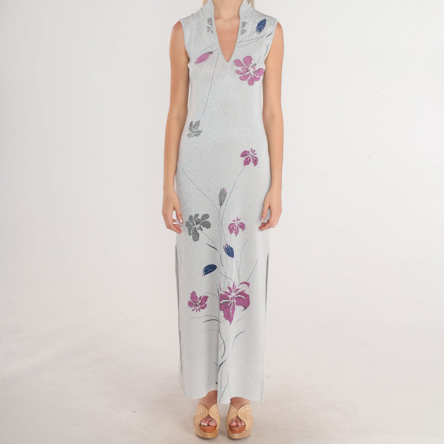 70s Metallic Silver Floral Maxi Gown V-Neck Sleeveless Side Slit Evening Dress XS