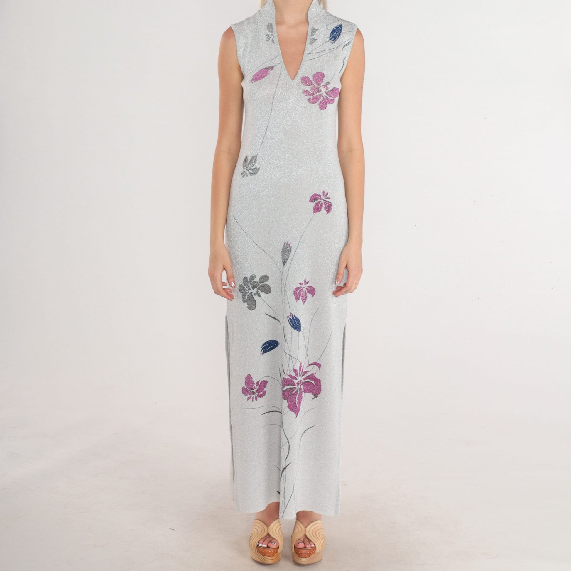 70s Metallic Silver Floral Maxi Gown V-Neck Sleeveless Side Slit Evening Dress XS