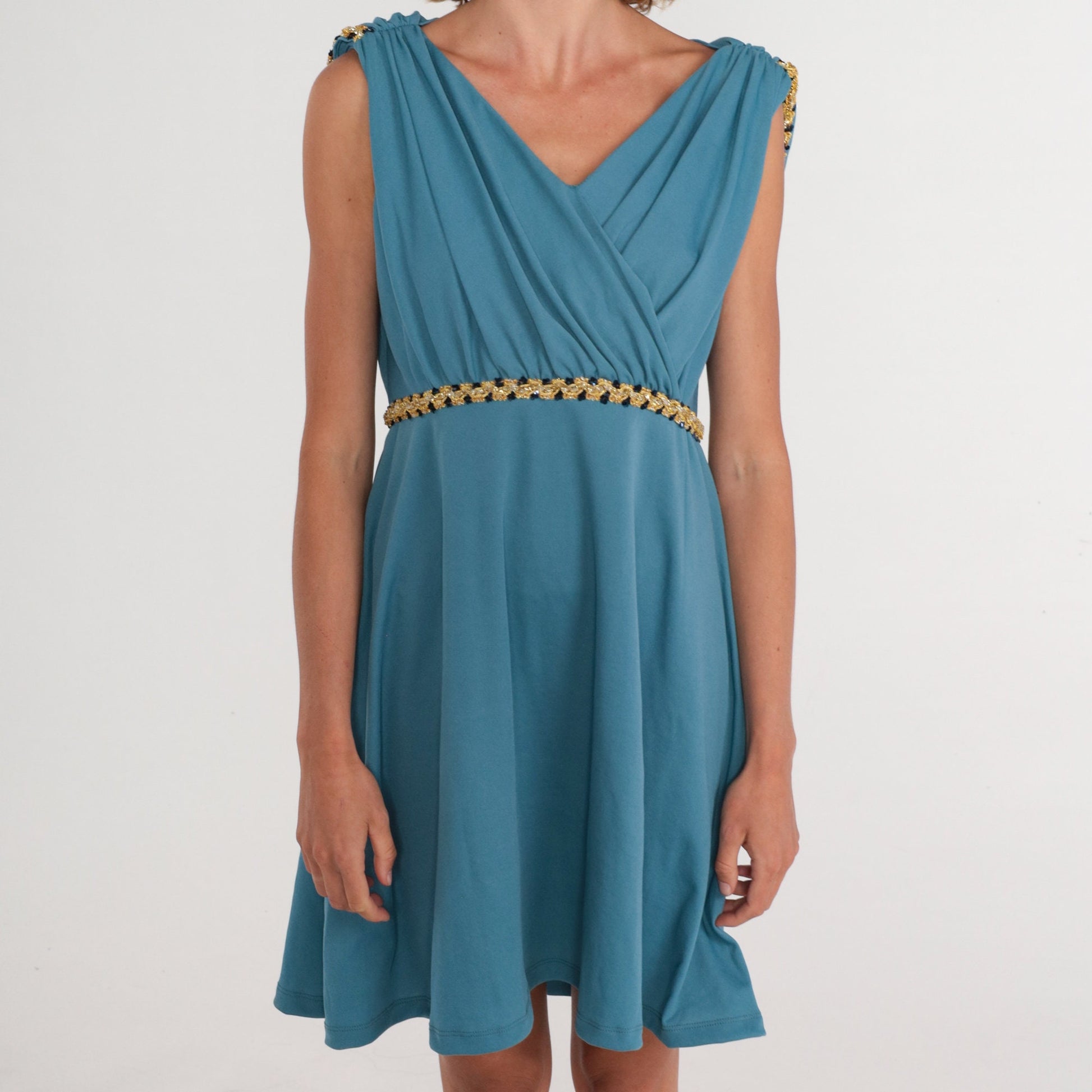 70s Blue Grecian Mini Dress Empire Waist Draped Cape Back Large