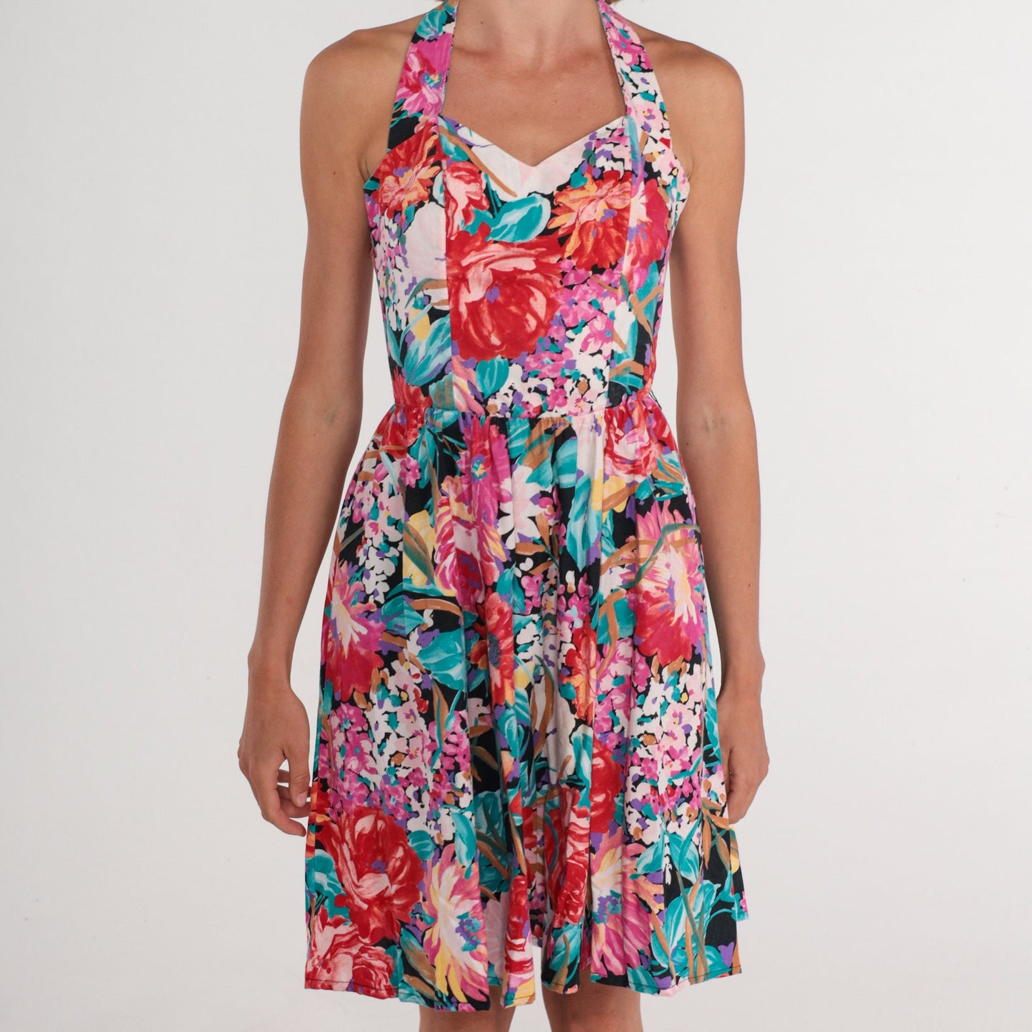 80s Floral Halter Mini Dress Sweetheart Neckline High Waist Full Skirt Extra Small