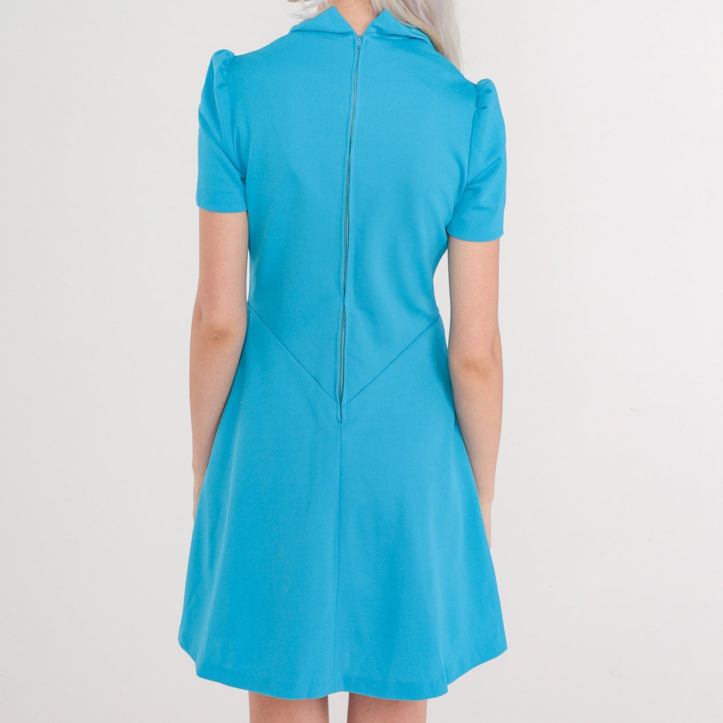 1960s Blue Mini Dress Mod Puff Sleeve Basque Waist Collared V-Neck XS
