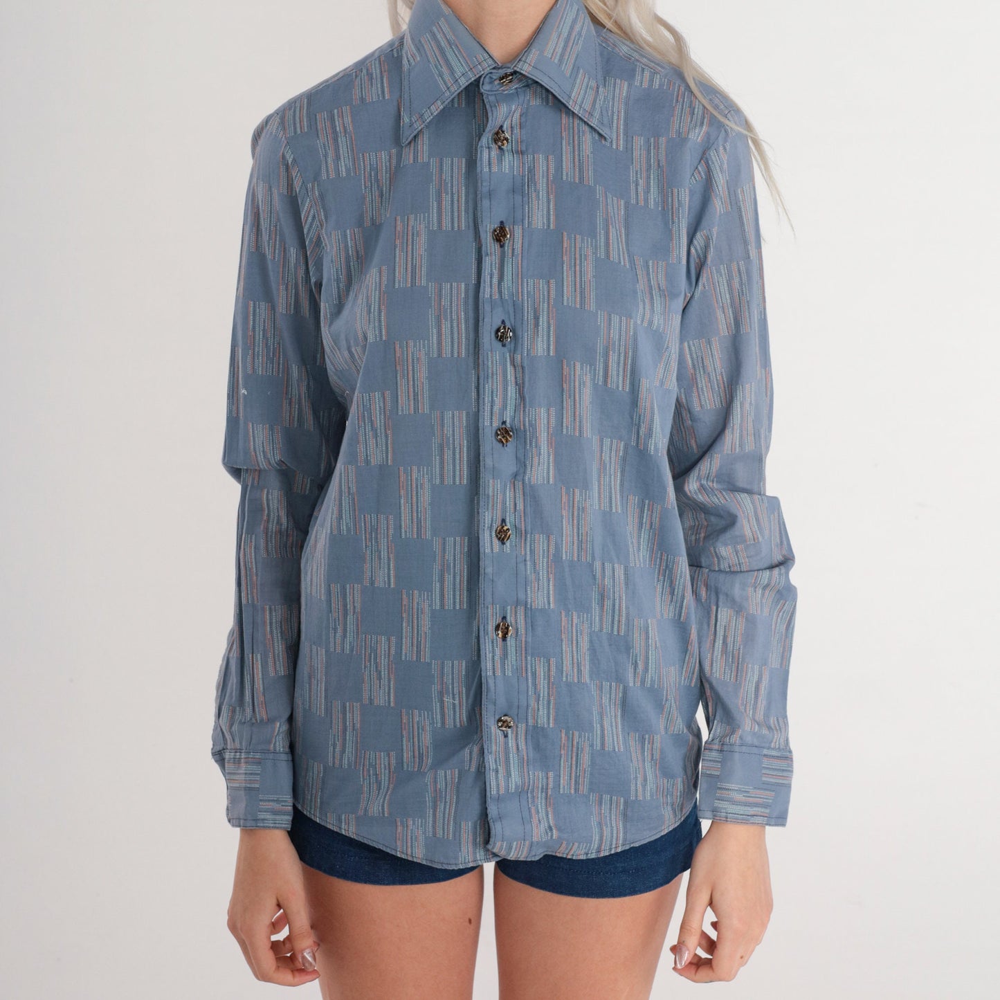 70s Saturdays in California Blue Checkered Button-Up Dagger Collar Shirt XS