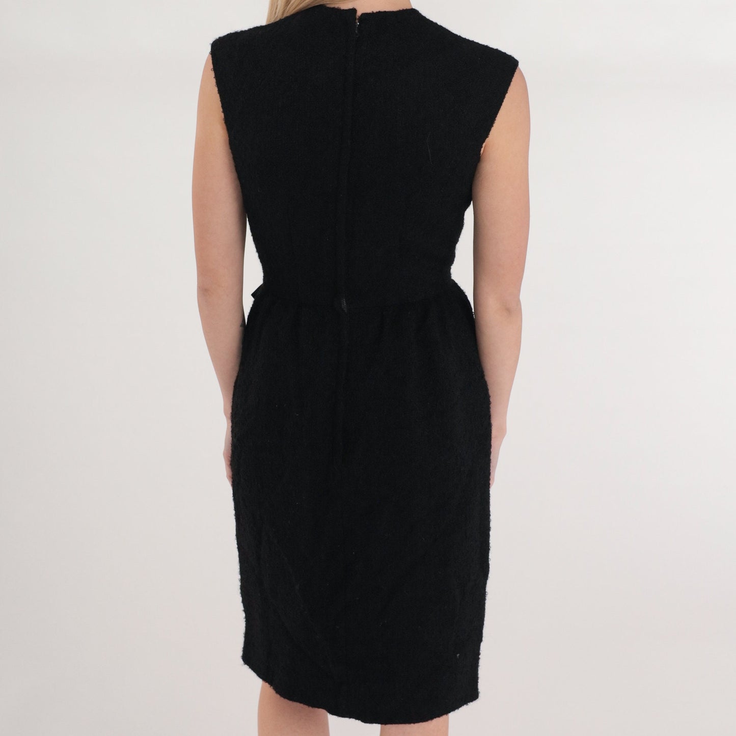 60s Black Wool Sheath Dress Sleeveless Bow Waist Knee Length XS