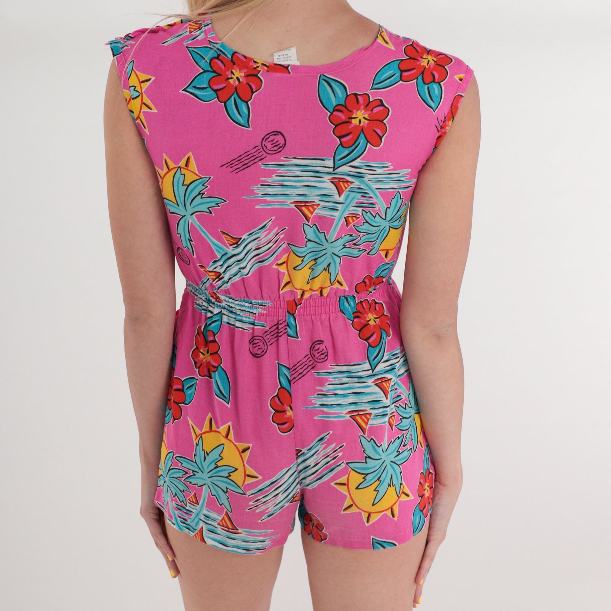 90s Carrots Tropical Romper Pink Floral Palm Print Cap Sleeve Mini 2XS