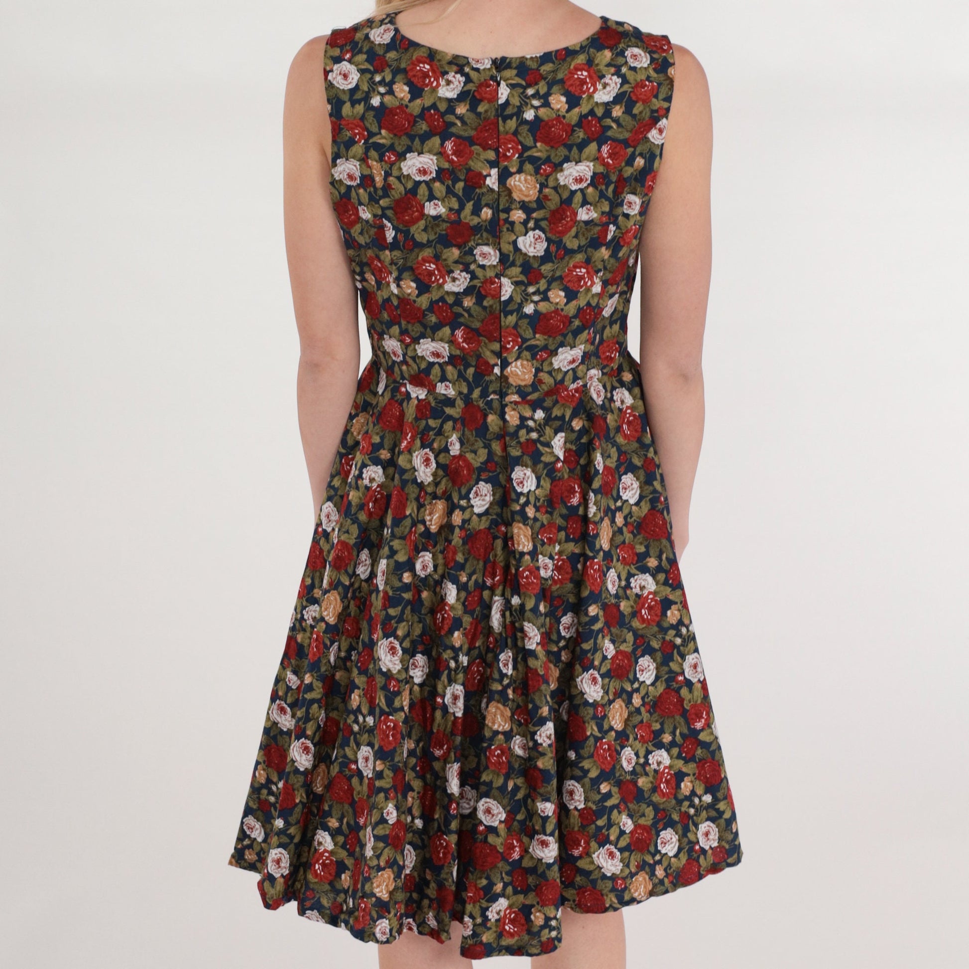 90s Floral Mini Dress Navy Rose Print Sleeveless High Waist Fit Flare Medium