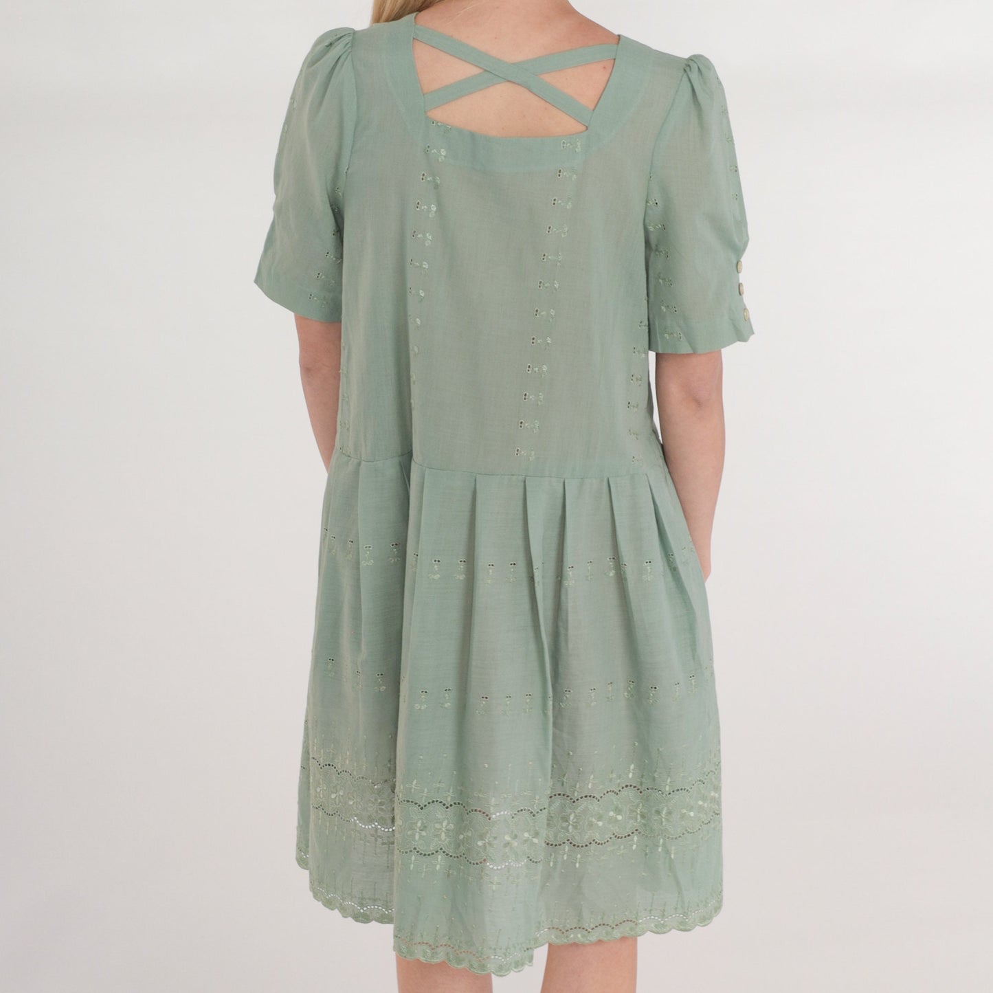 Y2K Green Floral Embroidered Mini Dress Puff Sleeve Criss Cross Back Small