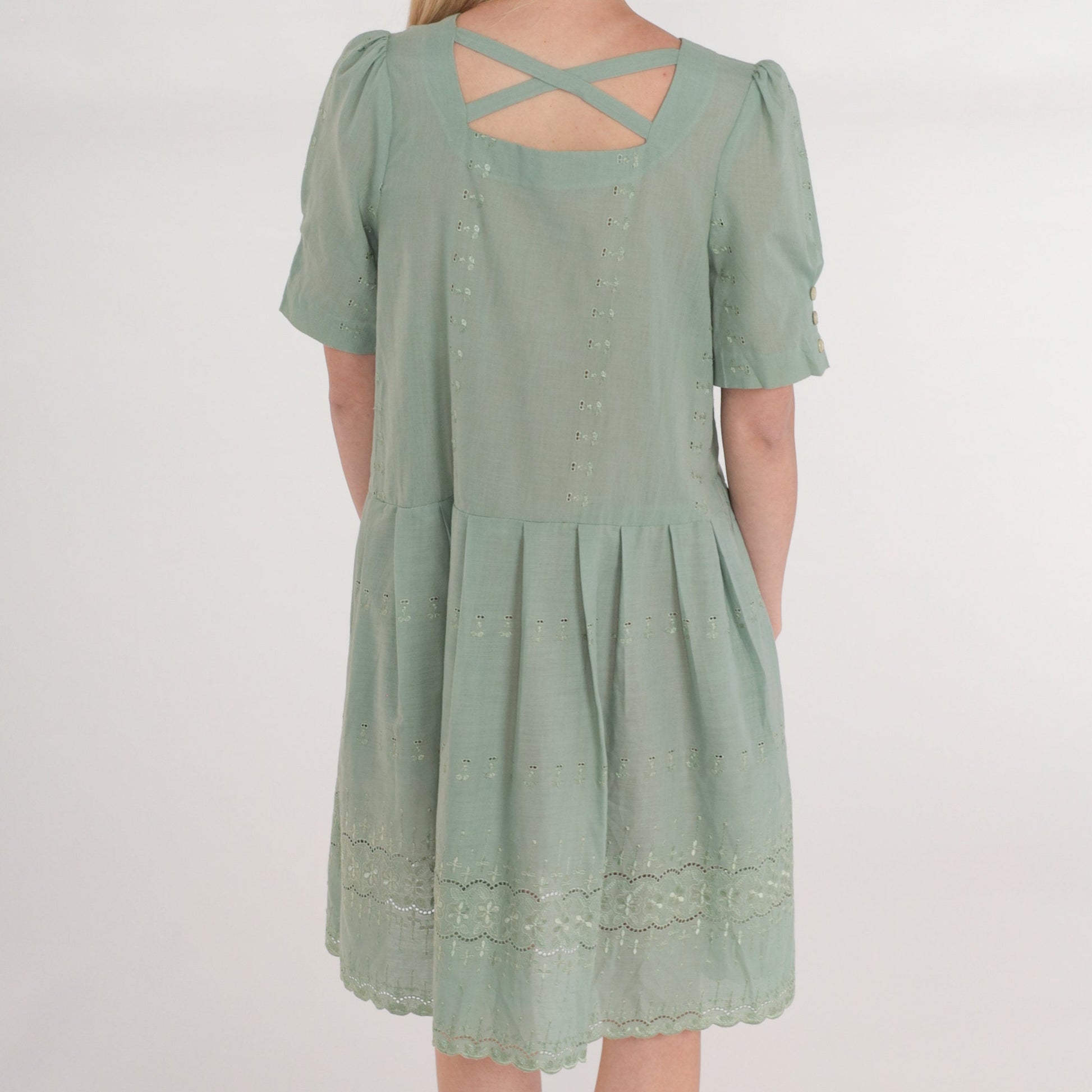 Y2K Green Floral Embroidered Mini Dress Puff Sleeve Criss Cross Back Small