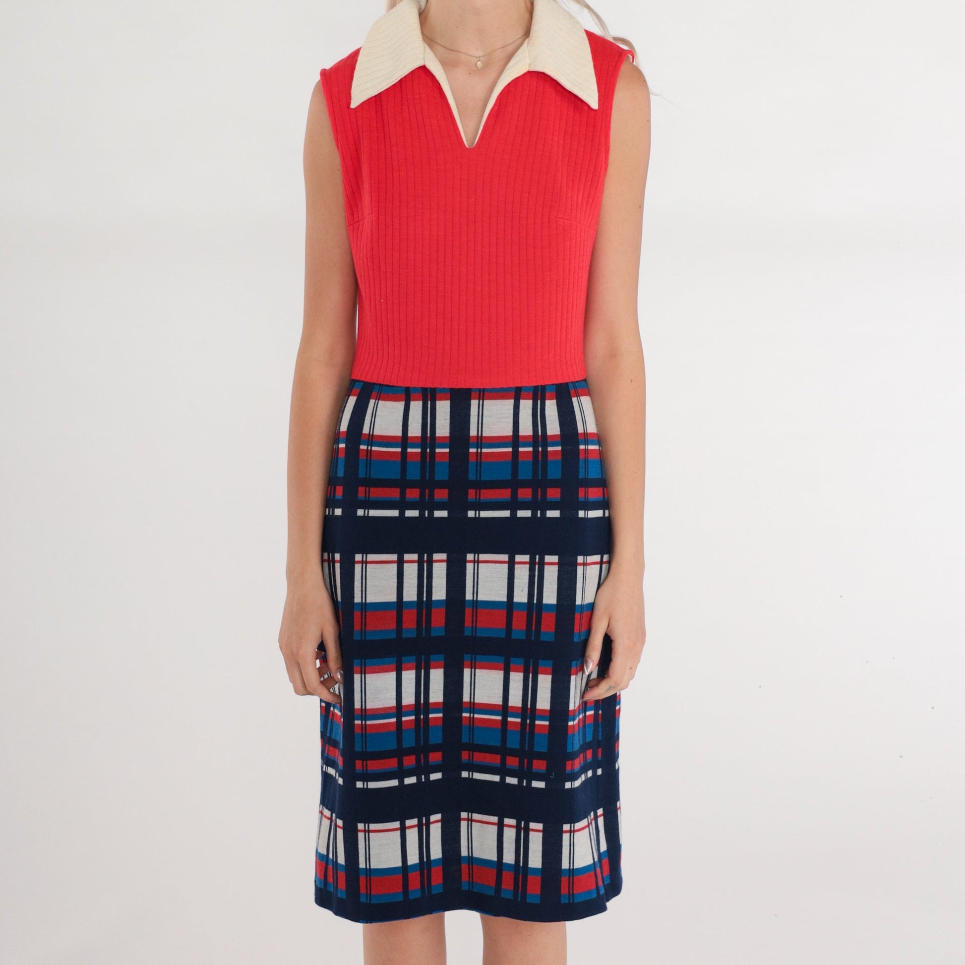 60s Bleeker Street Red Plaid Wool Shift Dress Collared Sleeveless Small
