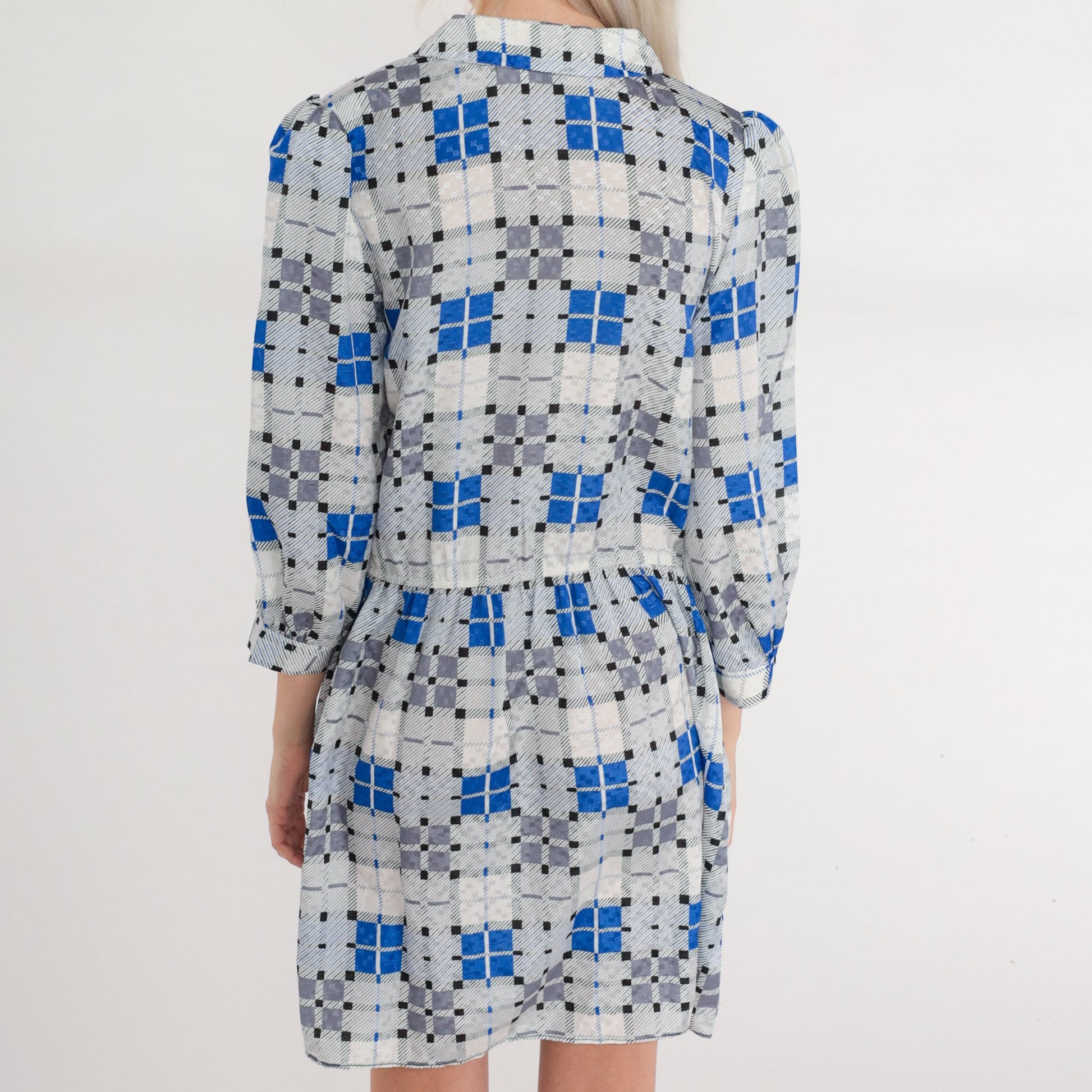 70s Jonathan Martin Plaid Mini Dress Grey Blue Puff Sleeve Keyhole Medium