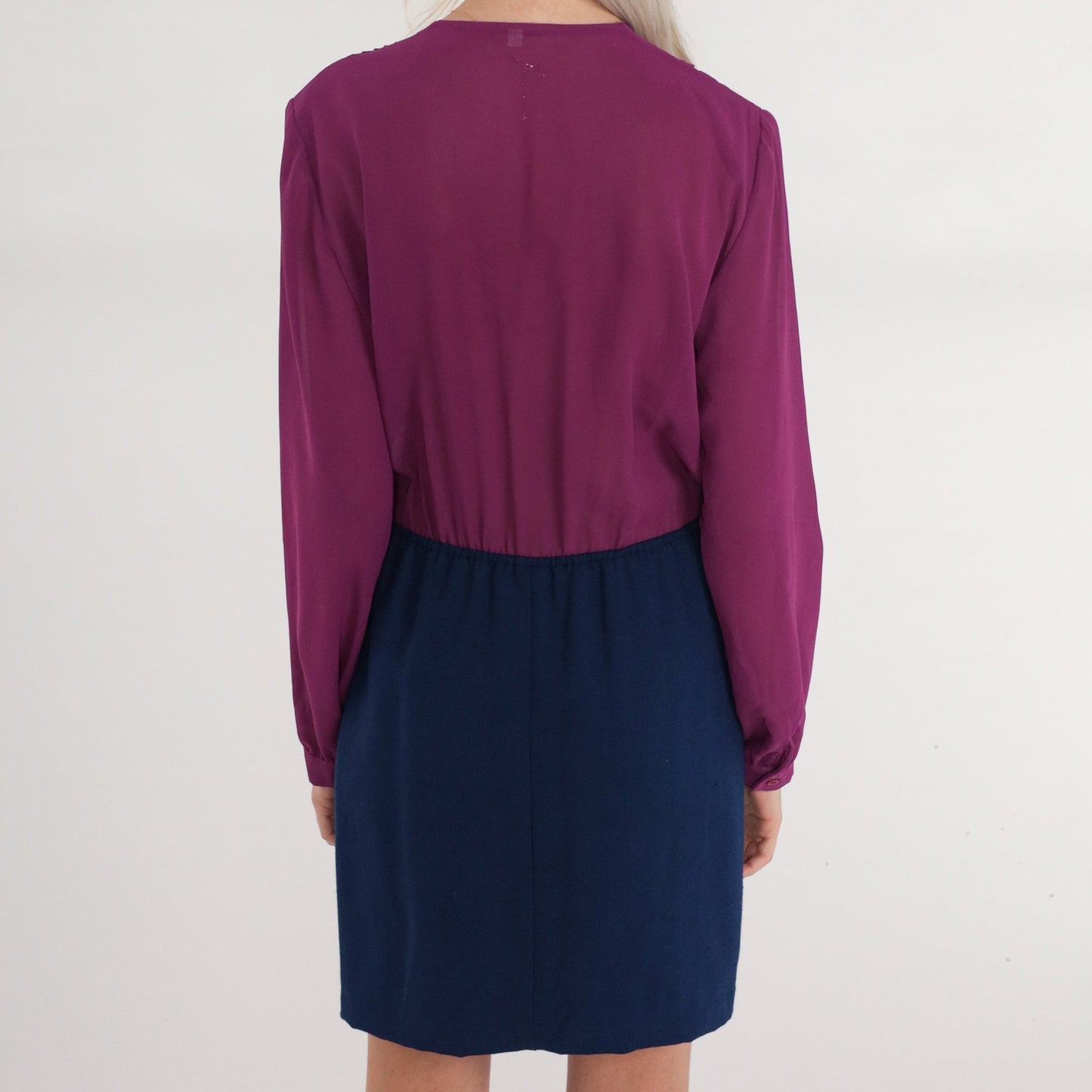 70s Secretary Dress Purple Navy Mini Faux Wrap V-Neck Long Sleeve Extra Small XS