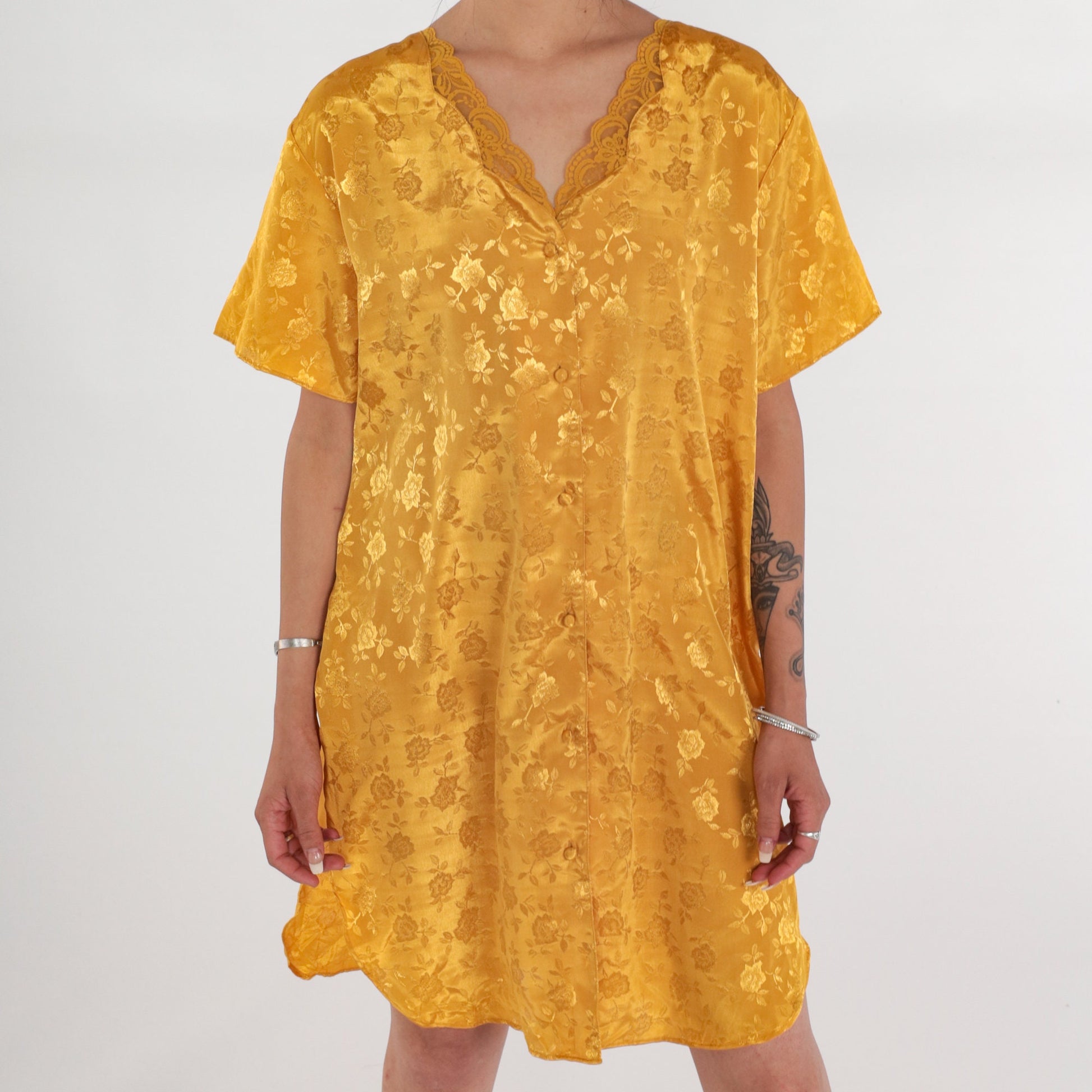 90s Yellow Satin Nightgown Floral Embossed Mini Lace Trim Button-Up Large