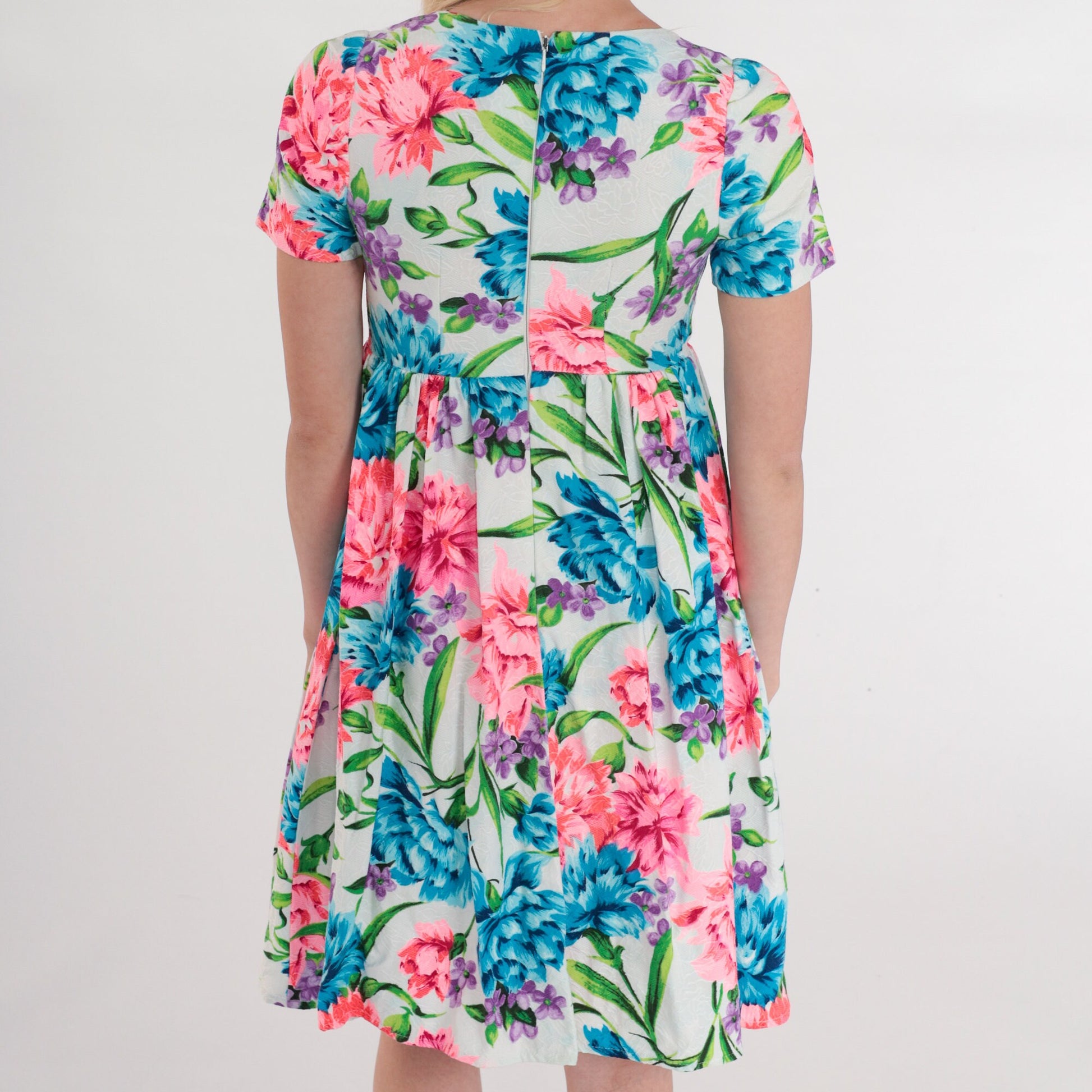 70s Floral Mini Dress White Empire Waist Short Sleeve Babydoll XXS