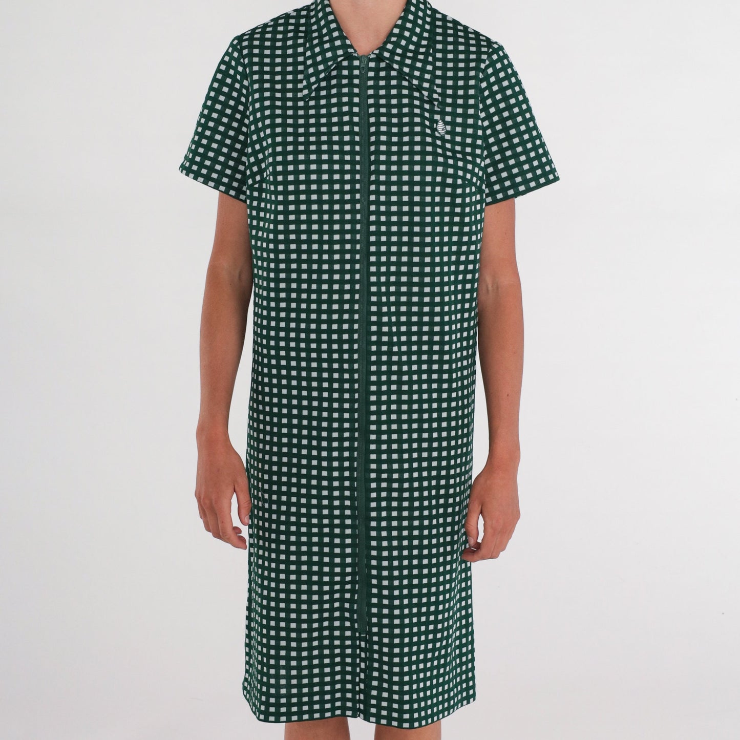 70s Mod Checkered Shift Dress Green White Dagger Collar Zip Front Knee Length Large L