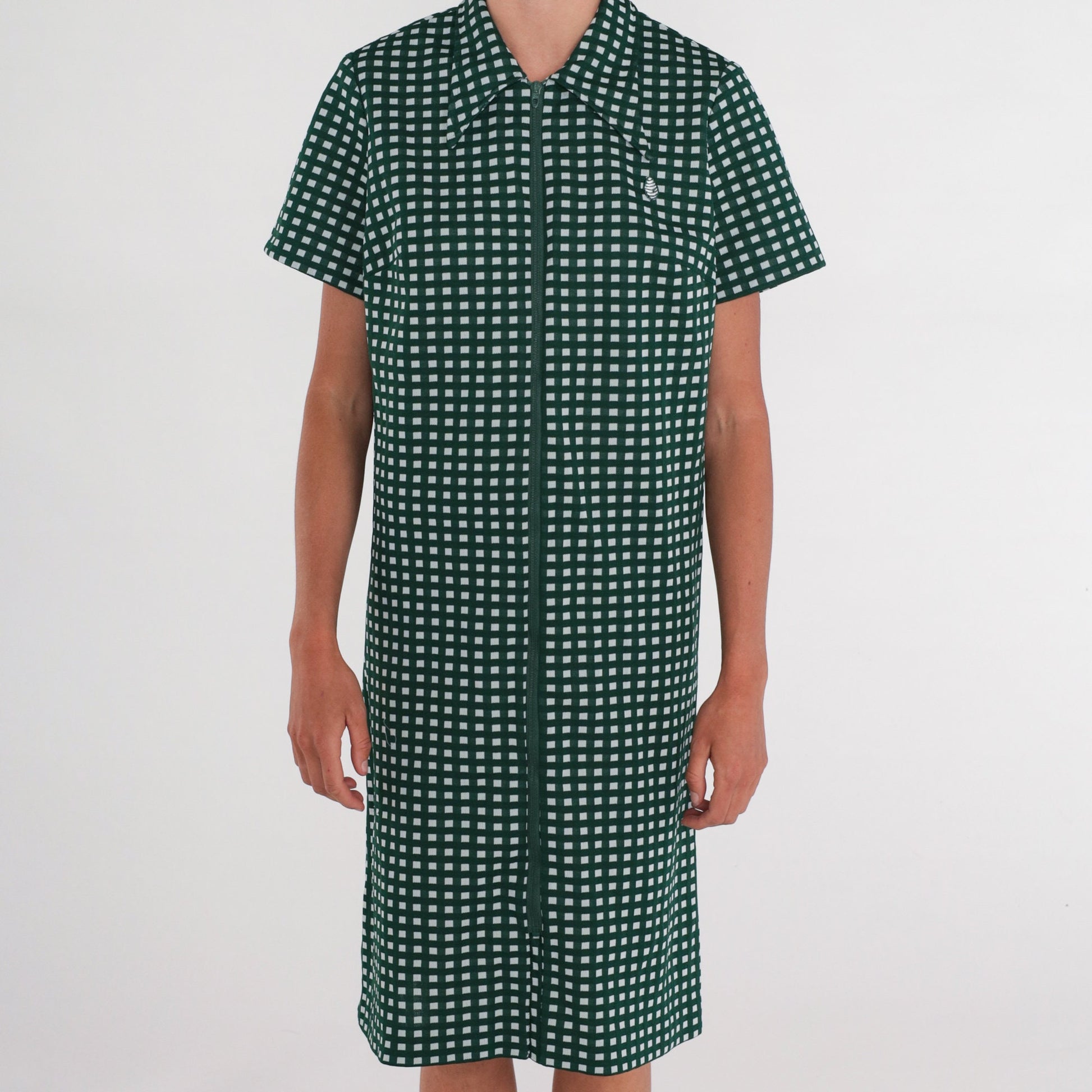 70s Mod Checkered Shift Dress Green White Dagger Collar Zip Front Knee Length Large L
