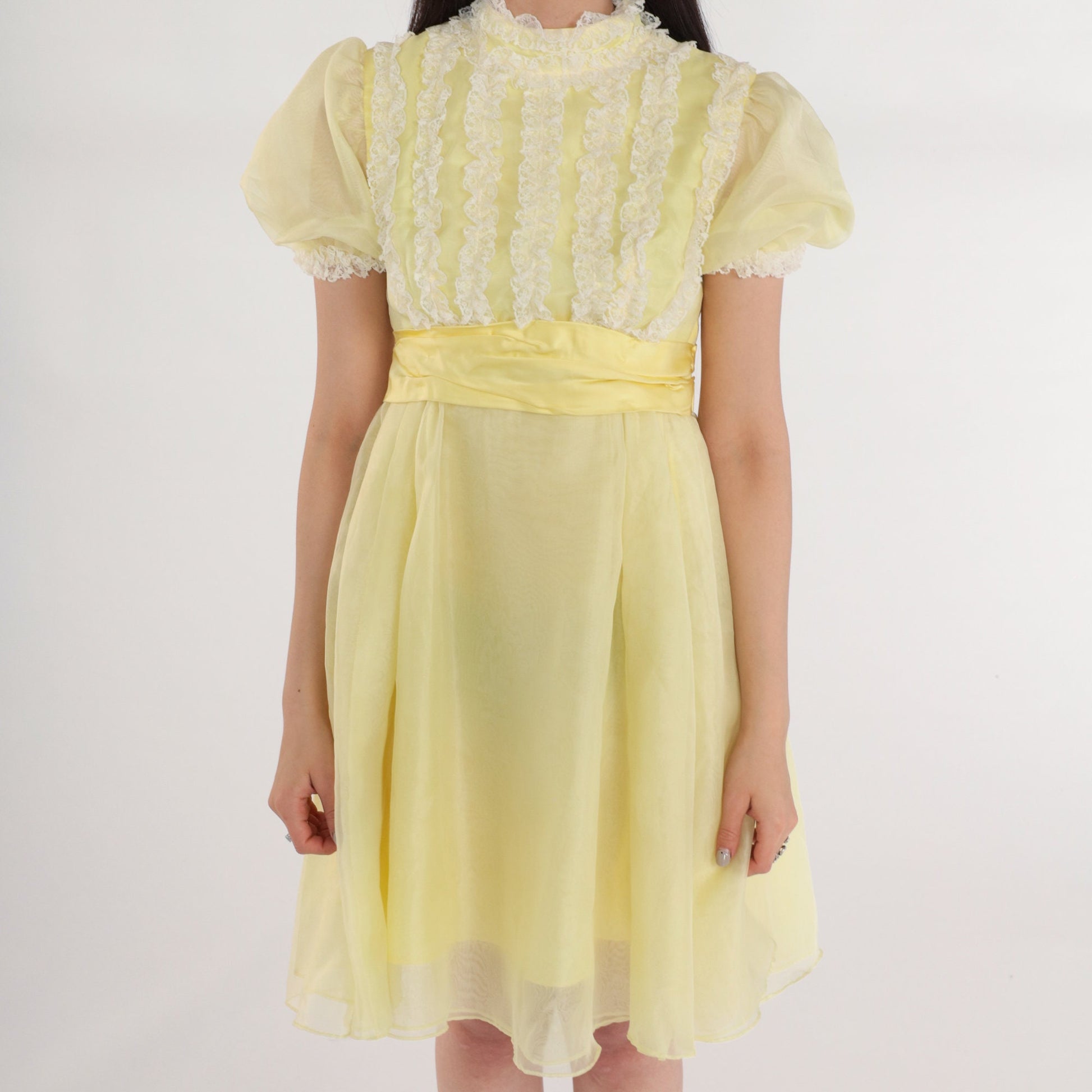 60s Yellow Mini Dress Empire Waist Puff Sleeve Lace Trim XXS