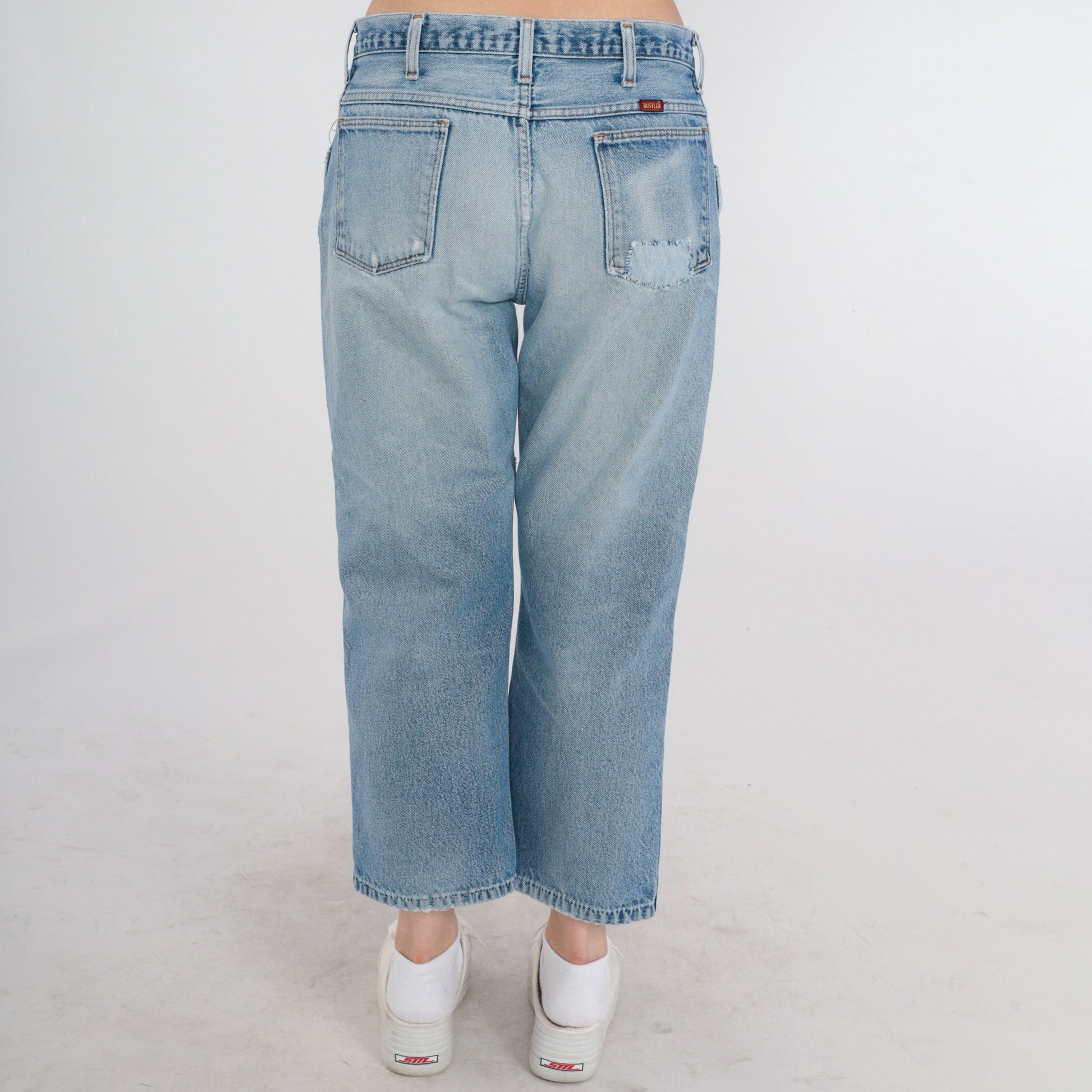 90s Rustler Ripped Blue Denim Jeans Mid Rise Straight Ankle Large