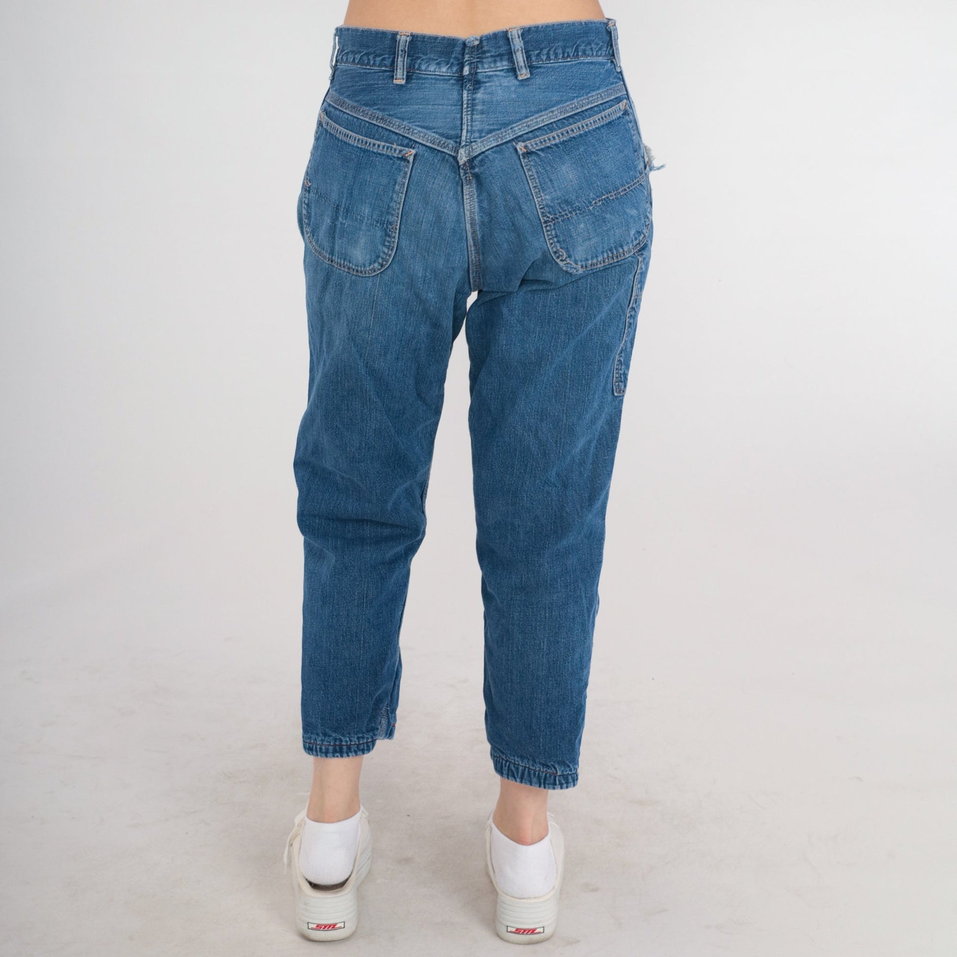 70s High Waist Tapered Ankle Jeans Blue Denim Elastic Cuff Medium M