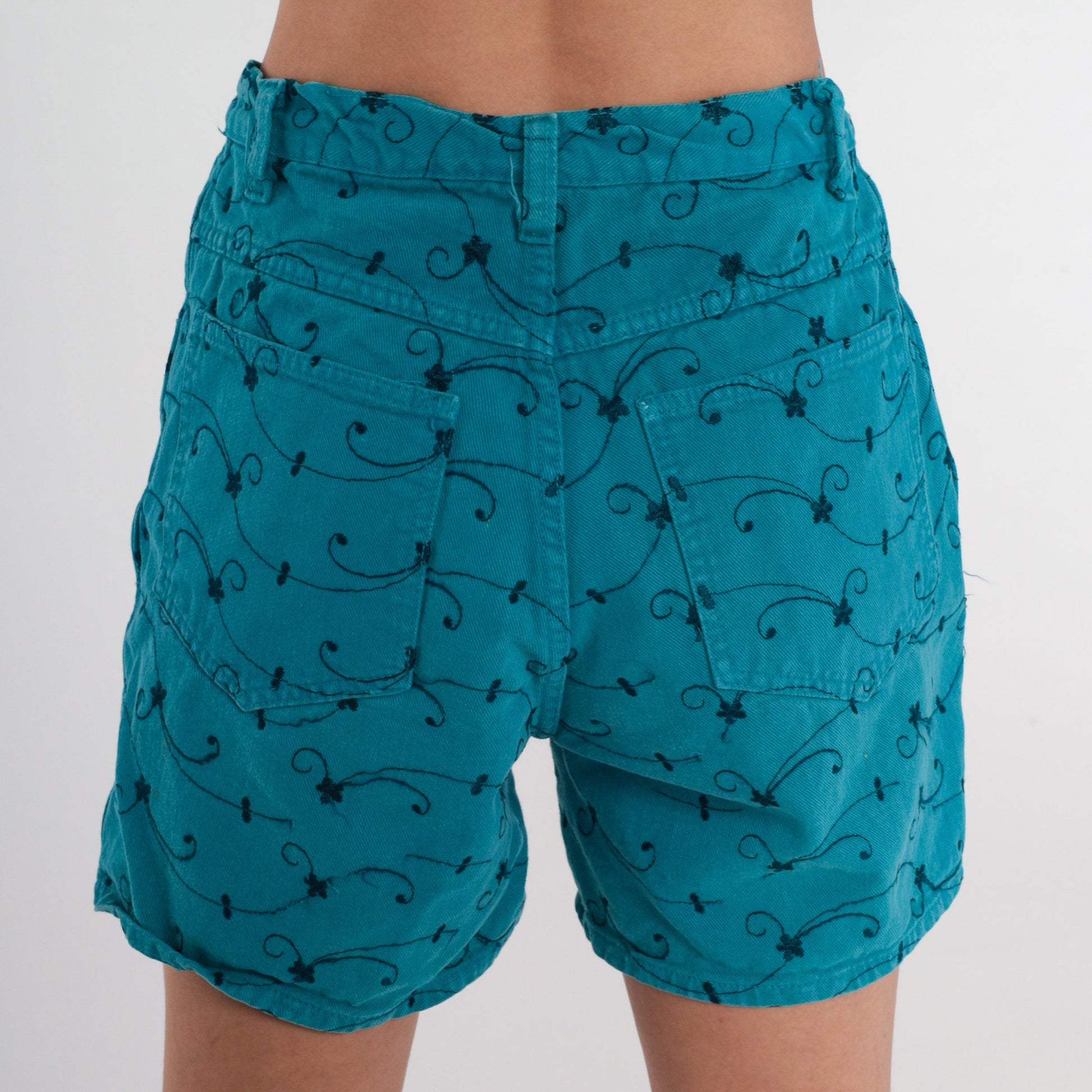 90s Teal Floral Embroidered Denim Shorts High Waist Small