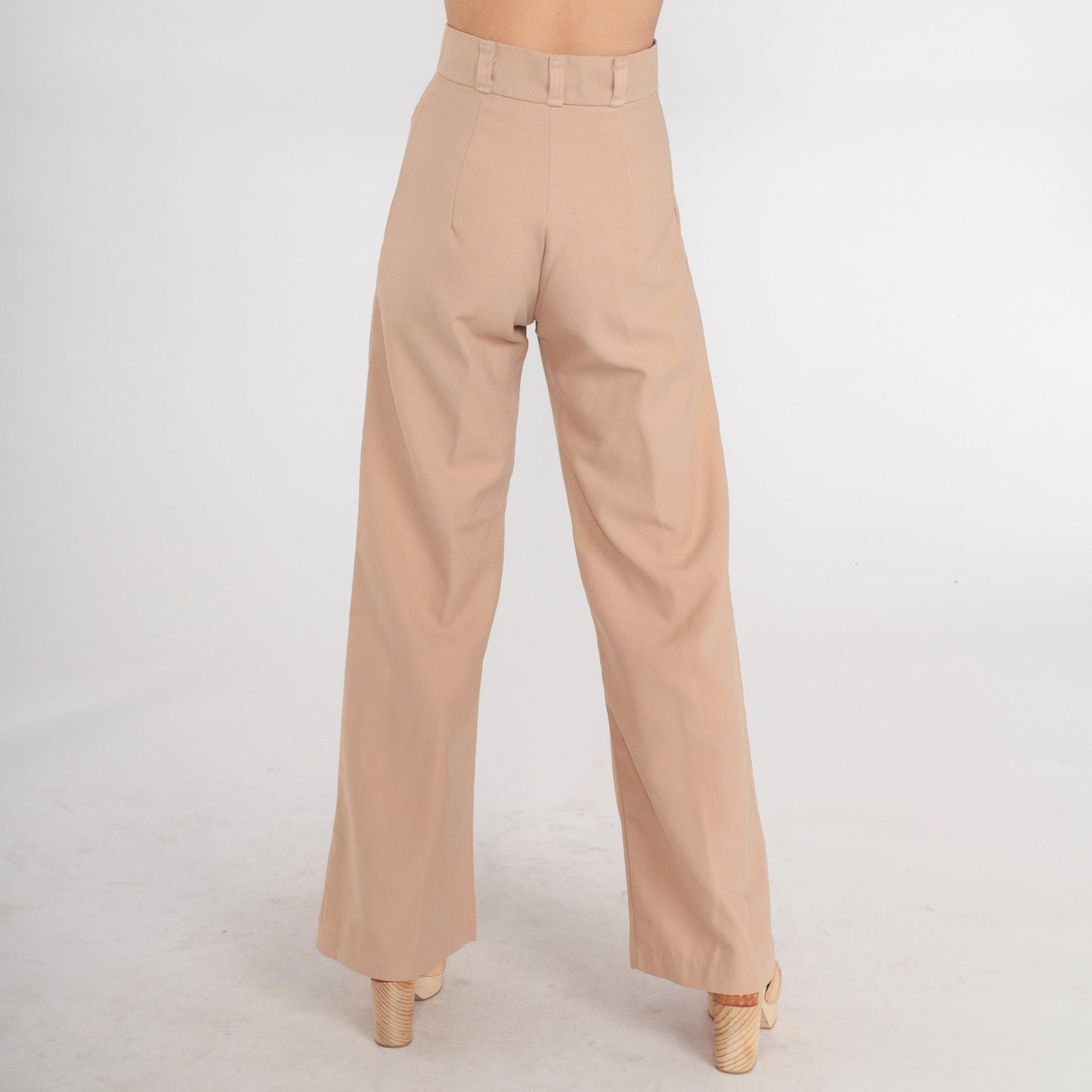 70s Tan Wide Leg High Rise Trousers Creased Straight Pants Extra Small