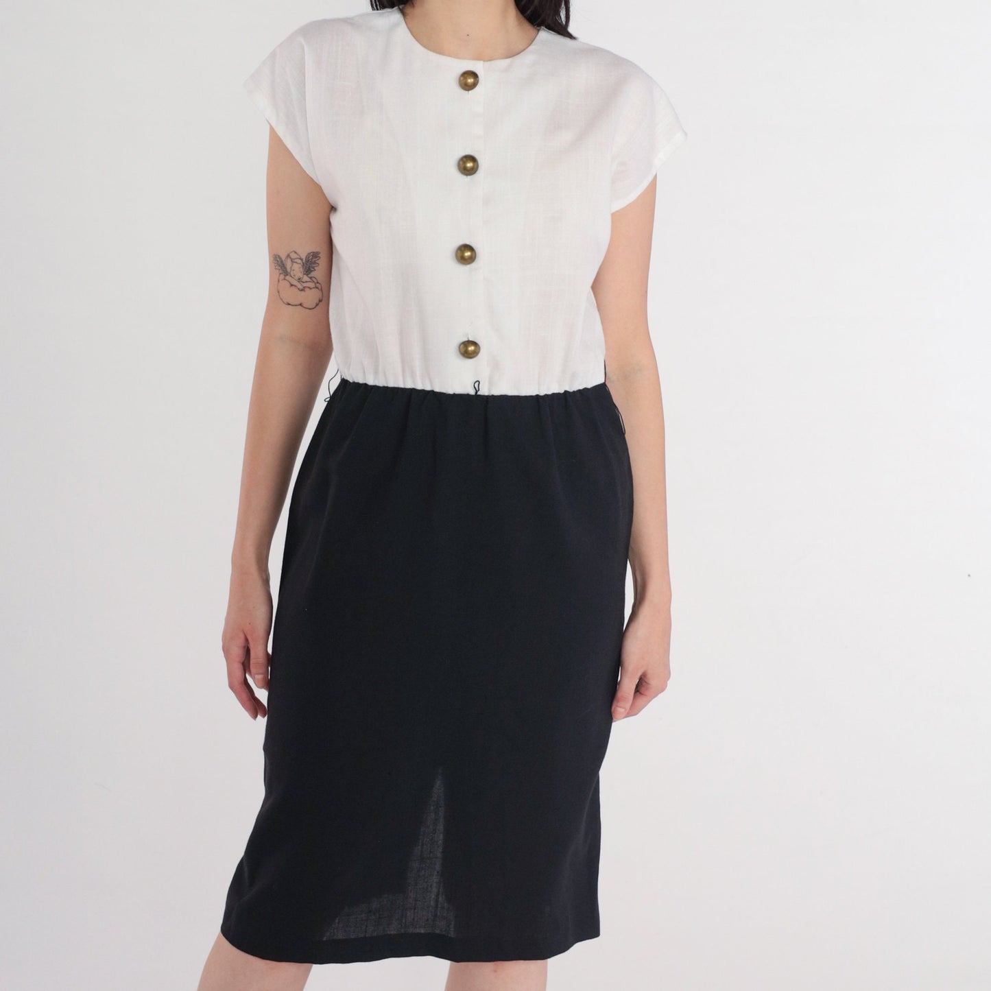 80s Justin Thyme Button-Up Midi Dress Black White Cap Sleeve Medium