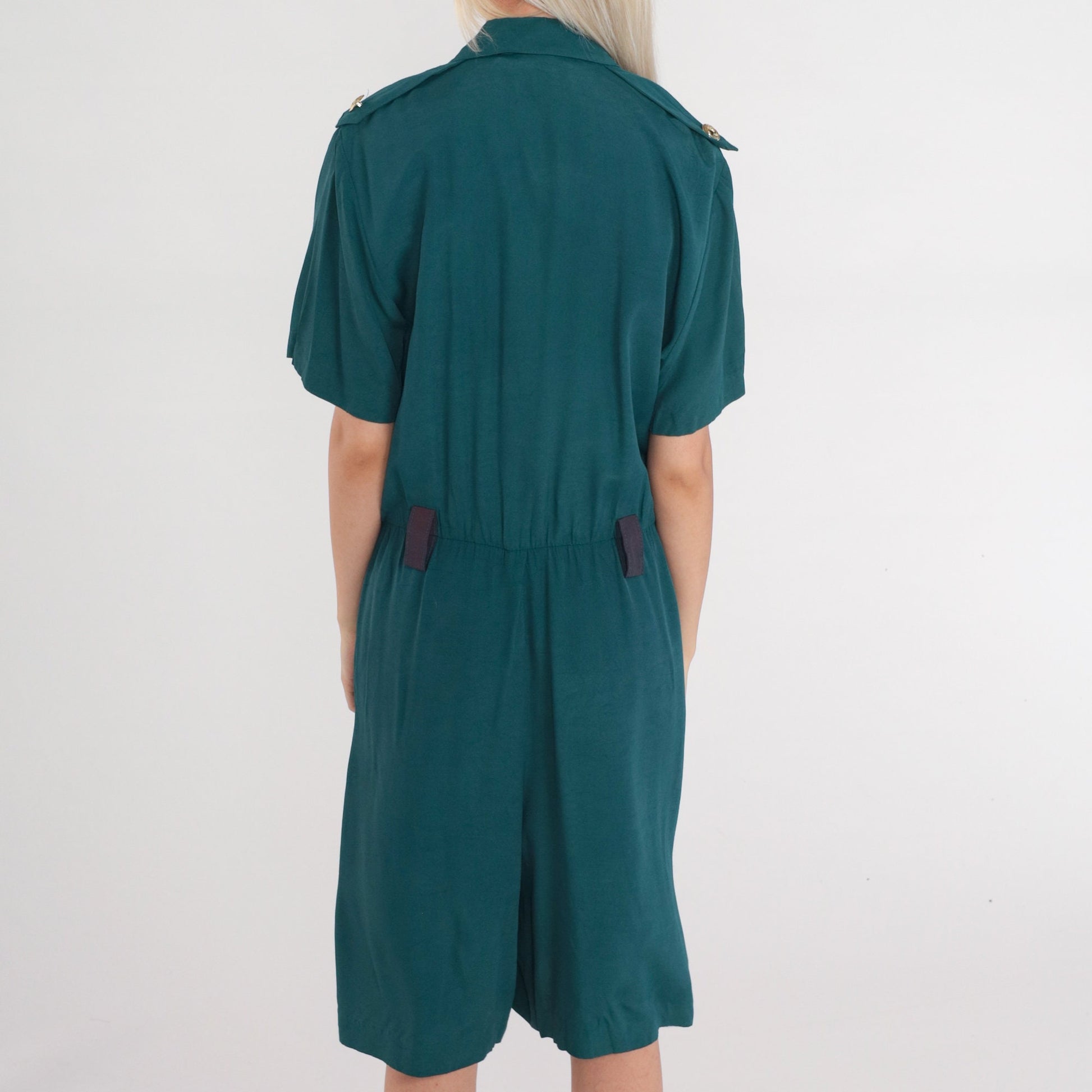 90s Nautical Teal Romper Wide Leg Button Up Epaulette Playsuit Large L