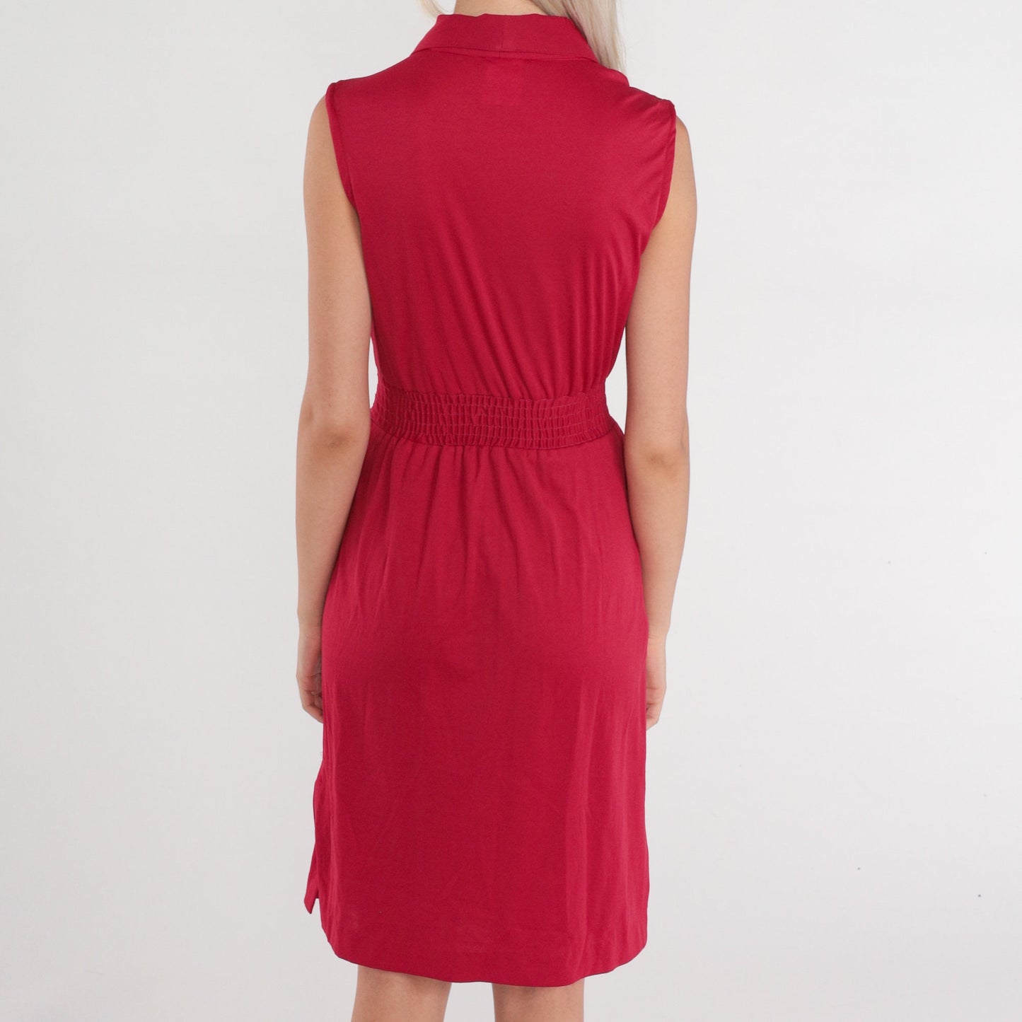 70s Raspberry Red Midi Shirtdress High Waist V Neck Smocked Small