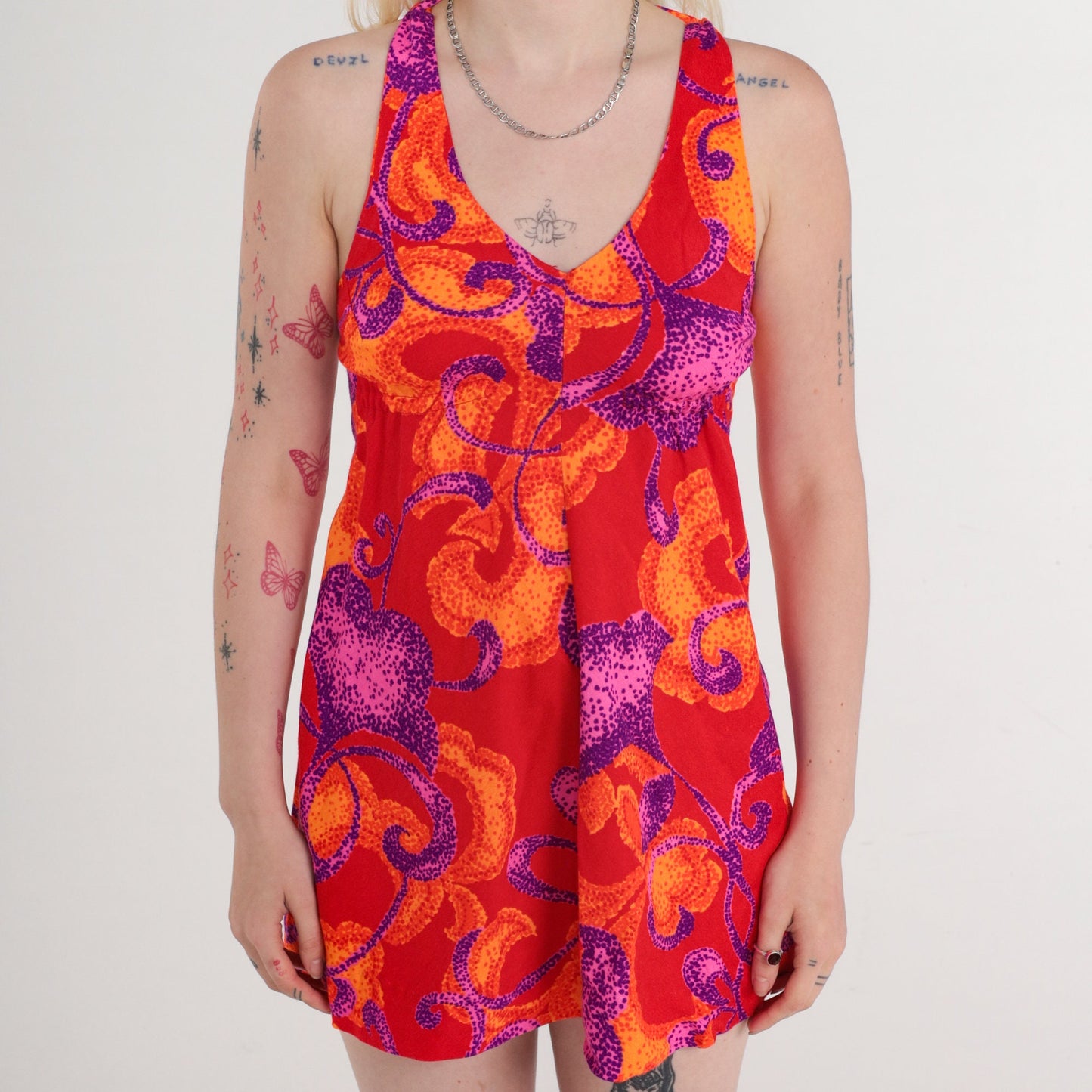 70s Halter Mini Dress Abstract Print Neon Red Empire Waist Sleeveless Extra Small