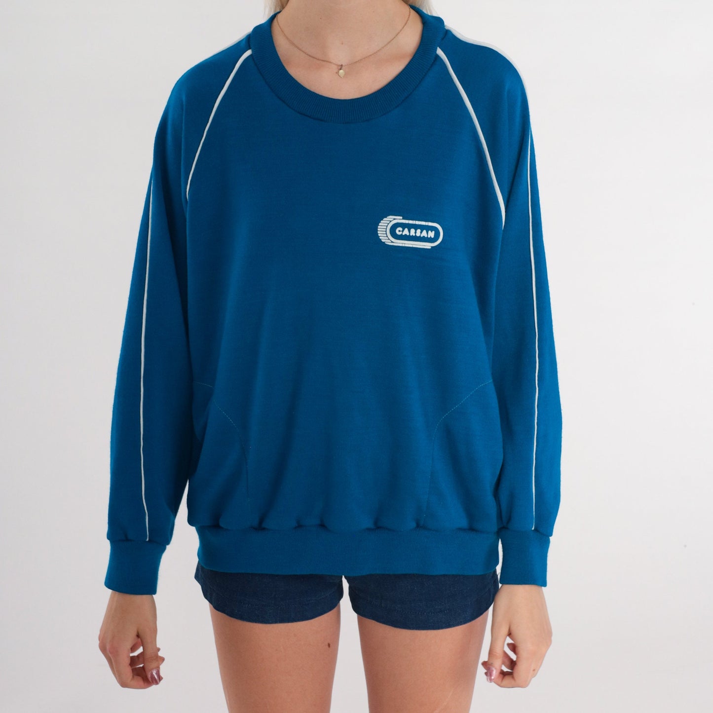 80s Carsan Graphic Sweatshirt Blue Raglan Crewneck Medium