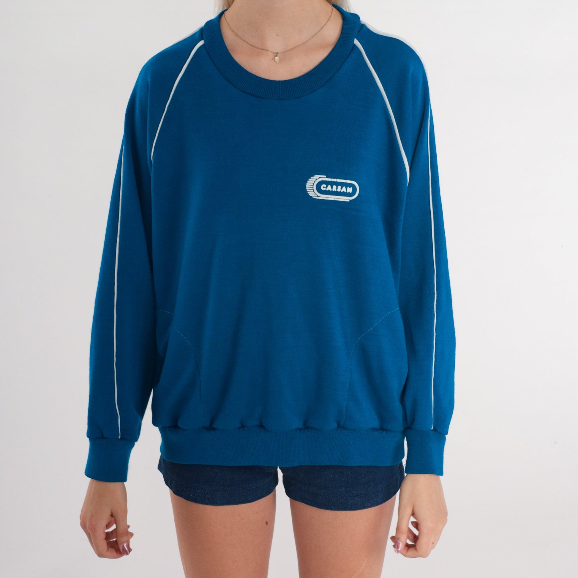80s Carsan Graphic Sweatshirt Blue Raglan Crewneck Medium