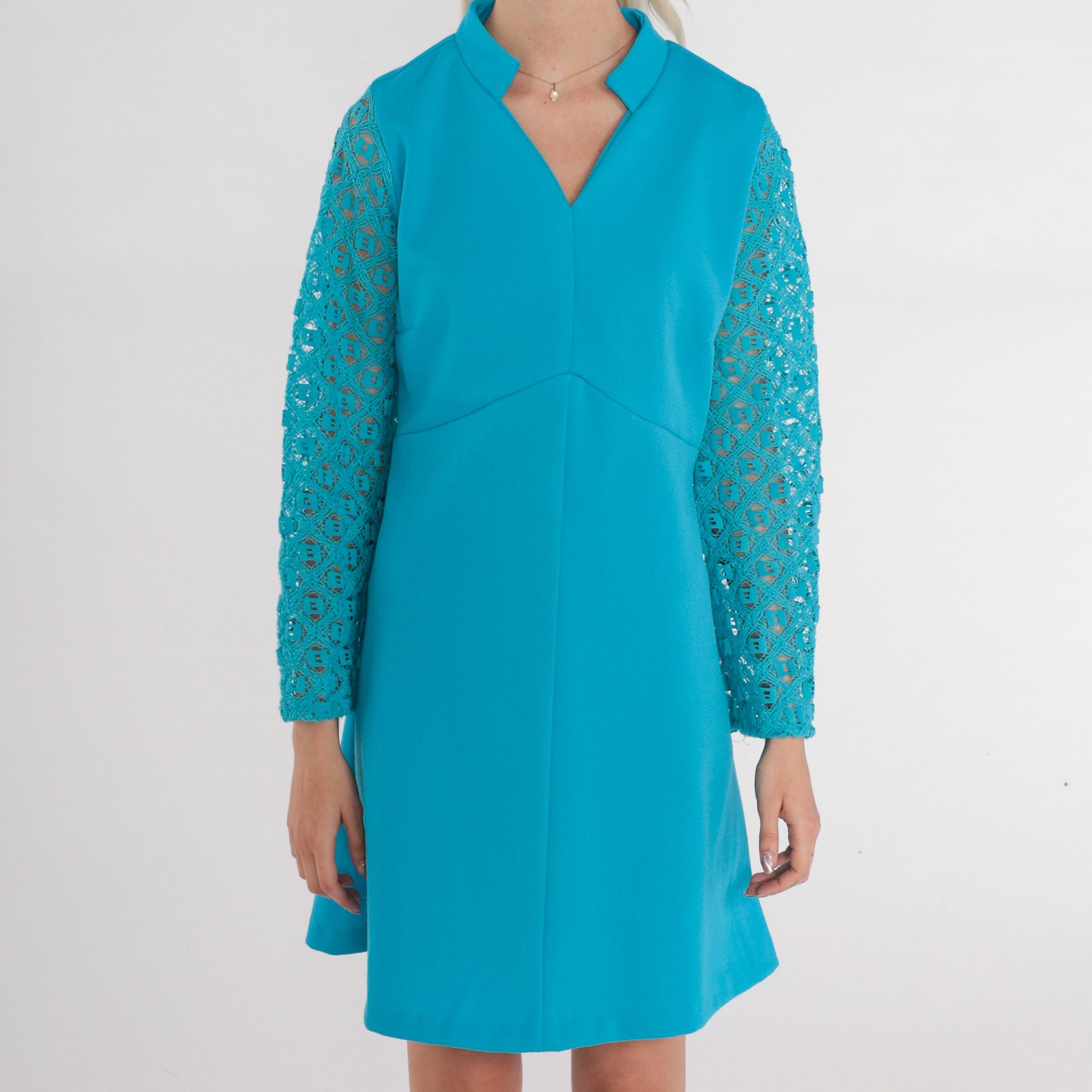 70s Blue Mini Dress Lace Sleeve Empire Waist Shift Dress Medium