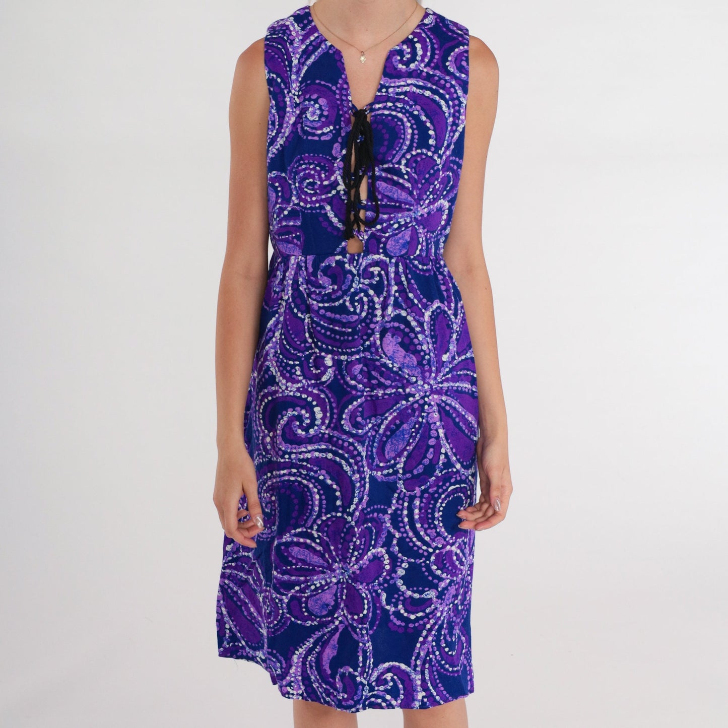 70s Purple Floral Midi Dress Lace-Up Corset Sleeveless High Waist Medium
