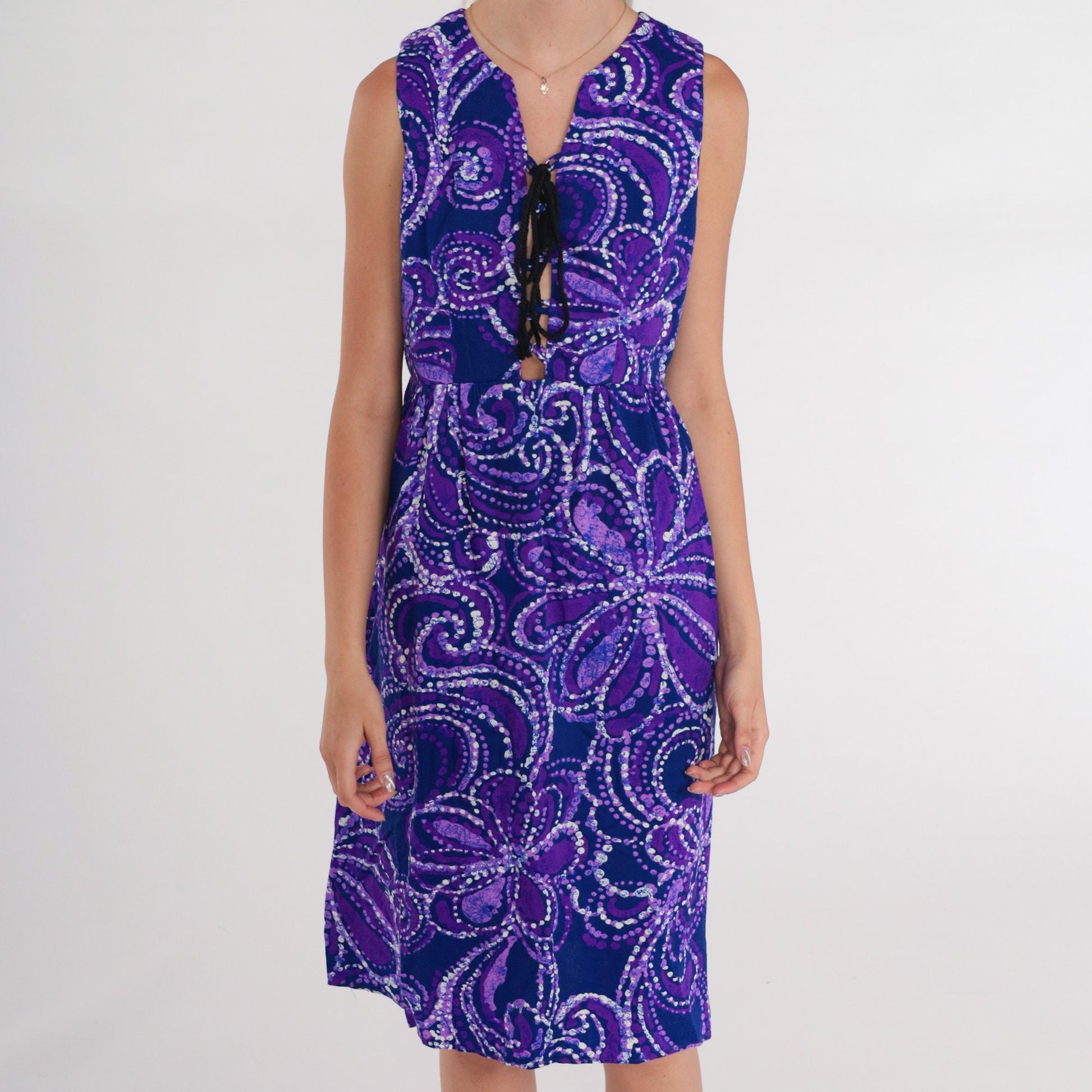 70s Purple Floral Midi Dress Lace-Up Corset Sleeveless High Waist Medium