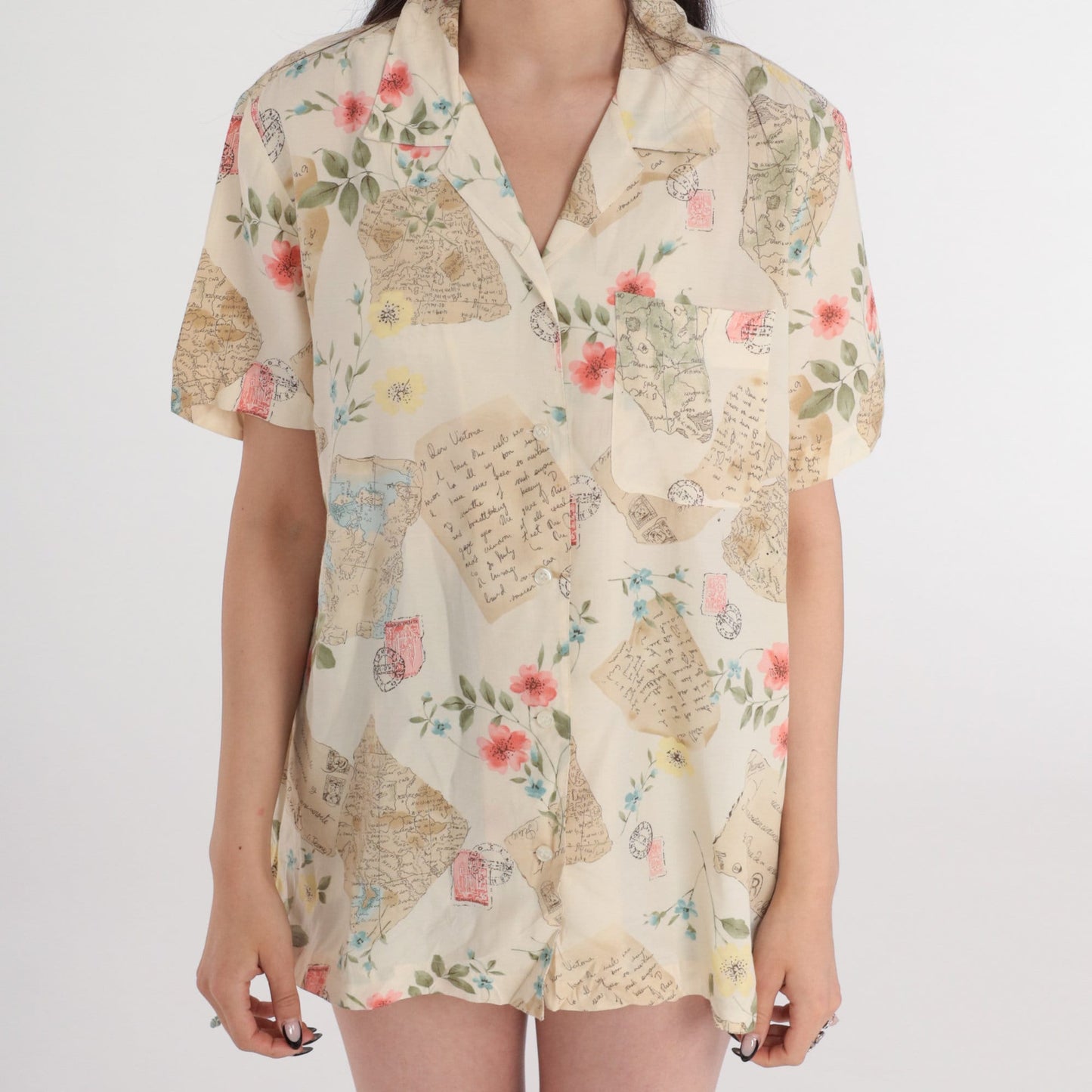 90s Liz Claiborne Travel Print Button-Up Blouse Cream Floral Postcard Shirt Large