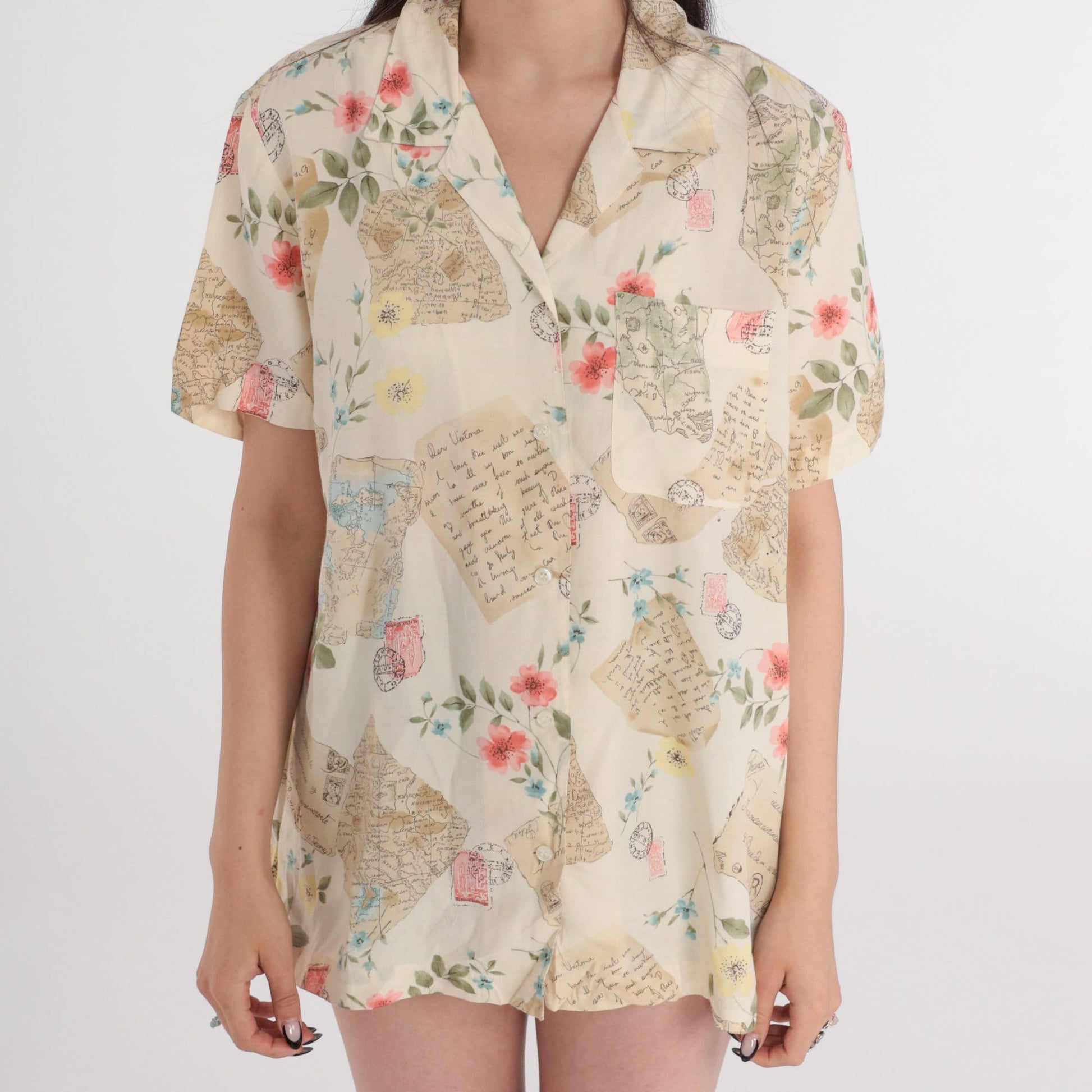 90s Liz Claiborne Travel Print Button-Up Blouse Cream Floral Postcard Shirt Large