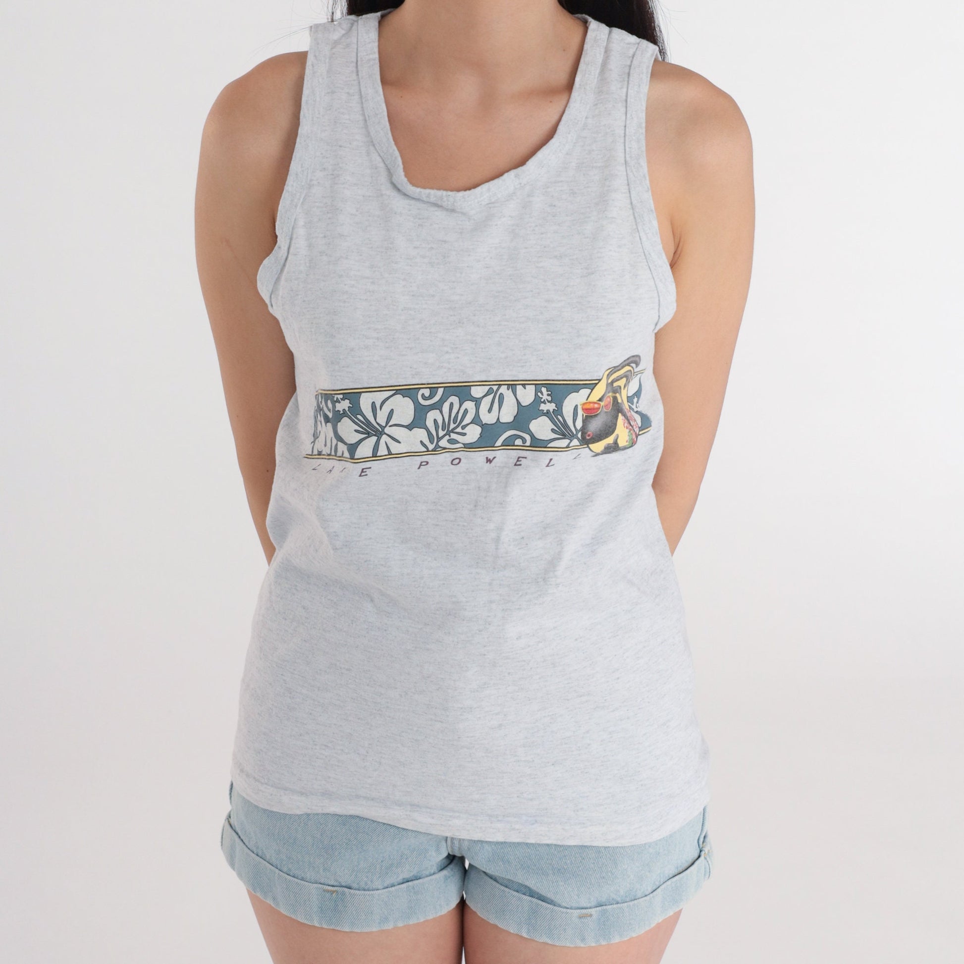 90s Lake Powell Fish Graphic Tank Top Heather Grey Small