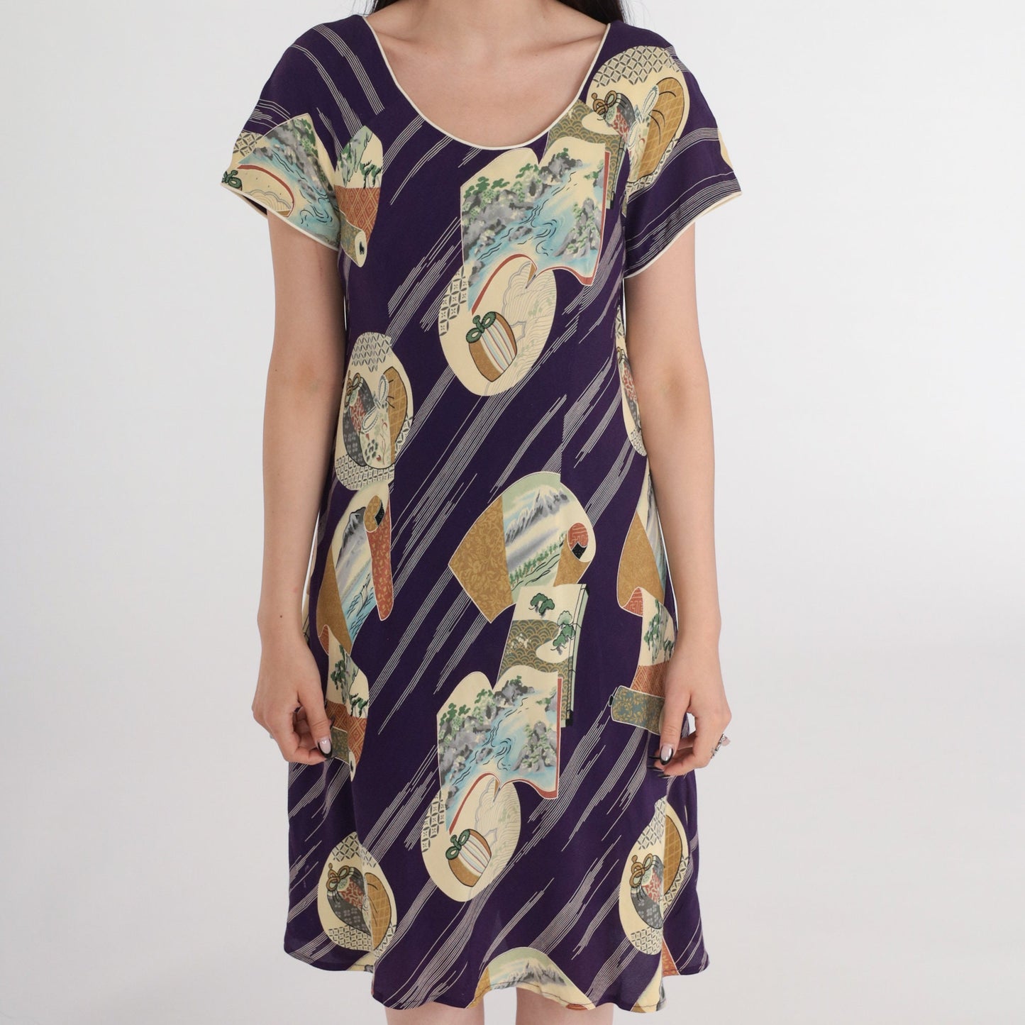 90s Japanese Landscape Purple Shift Dress Mini Short Sleeve Small S