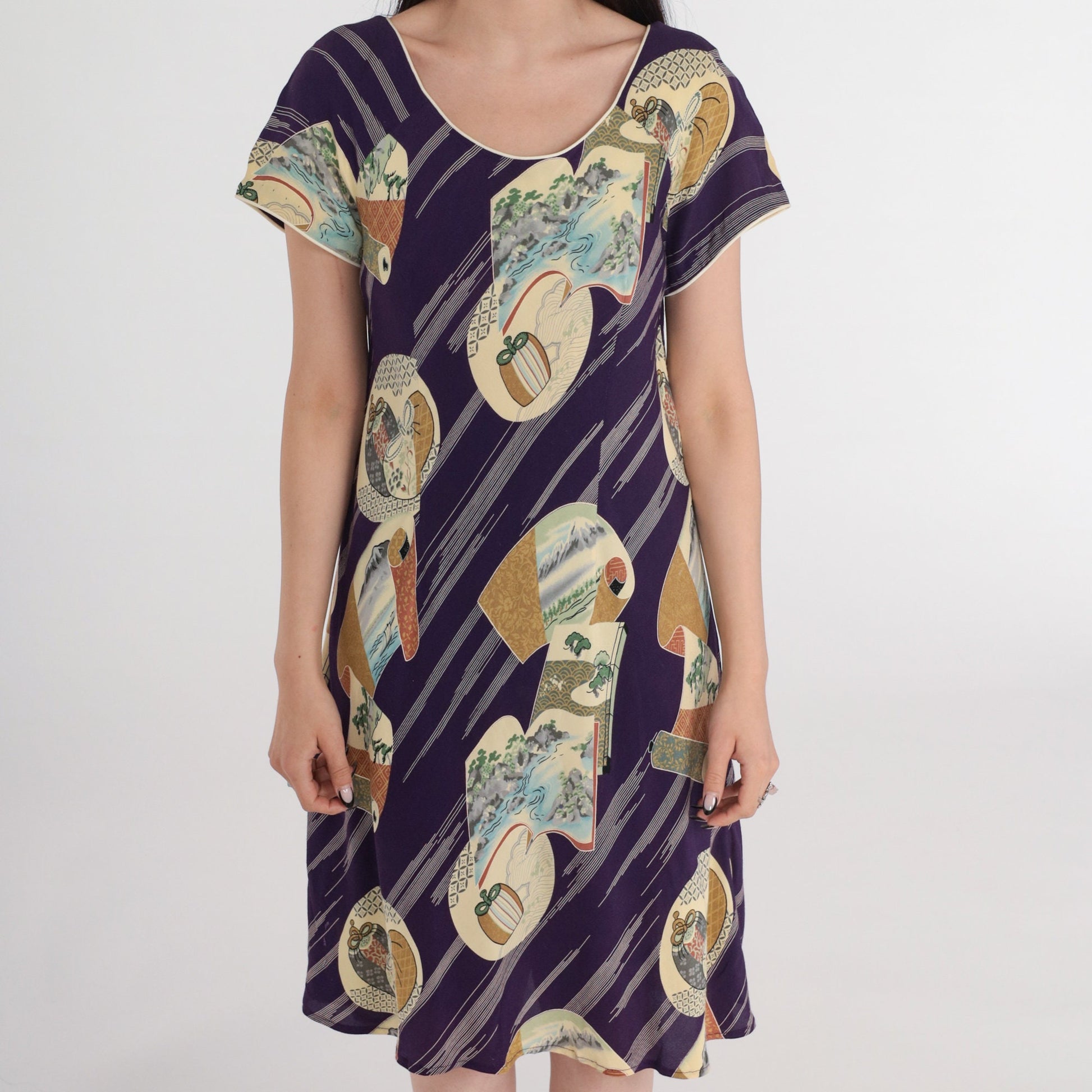 90s Japanese Landscape Purple Shift Dress Mini Short Sleeve Small S