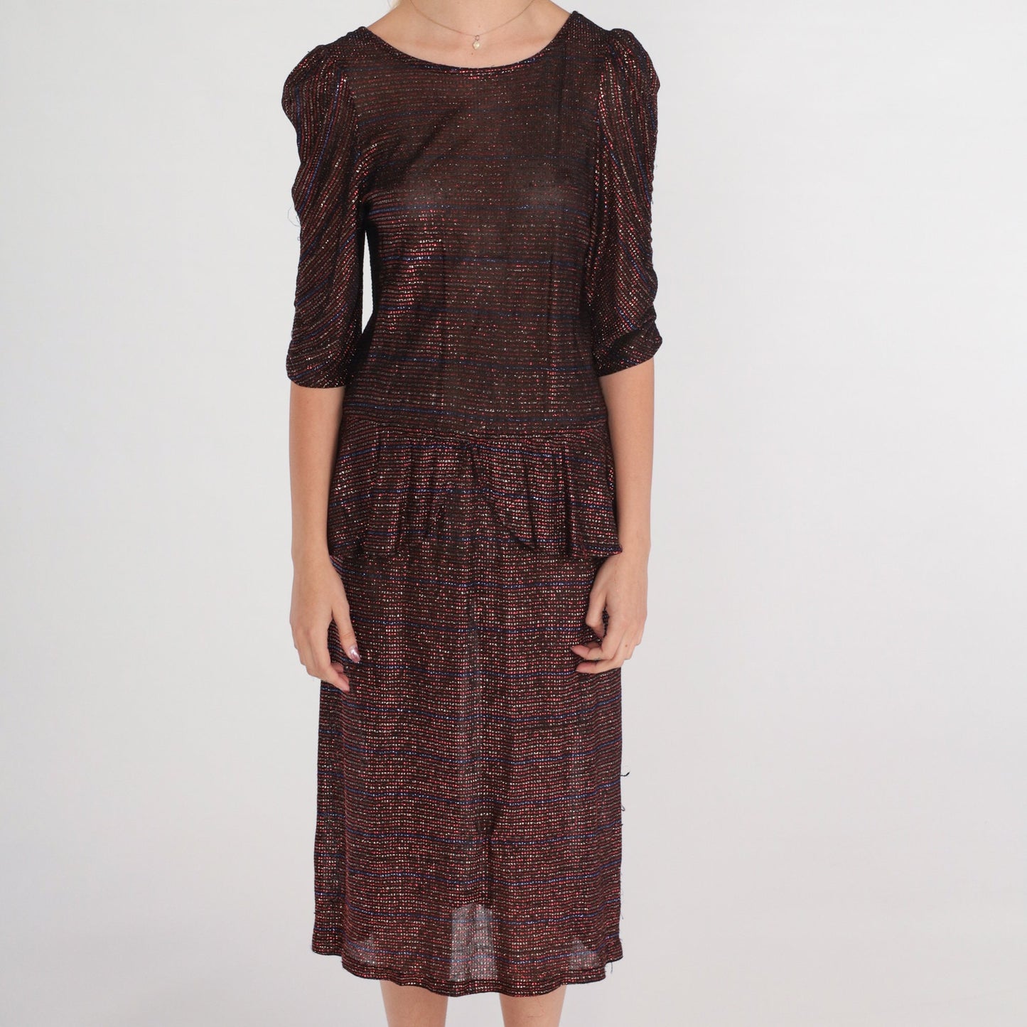 70s Metallic Peplum Midi Dress Puff Sleeve Sparkly Party Cocktail Small S