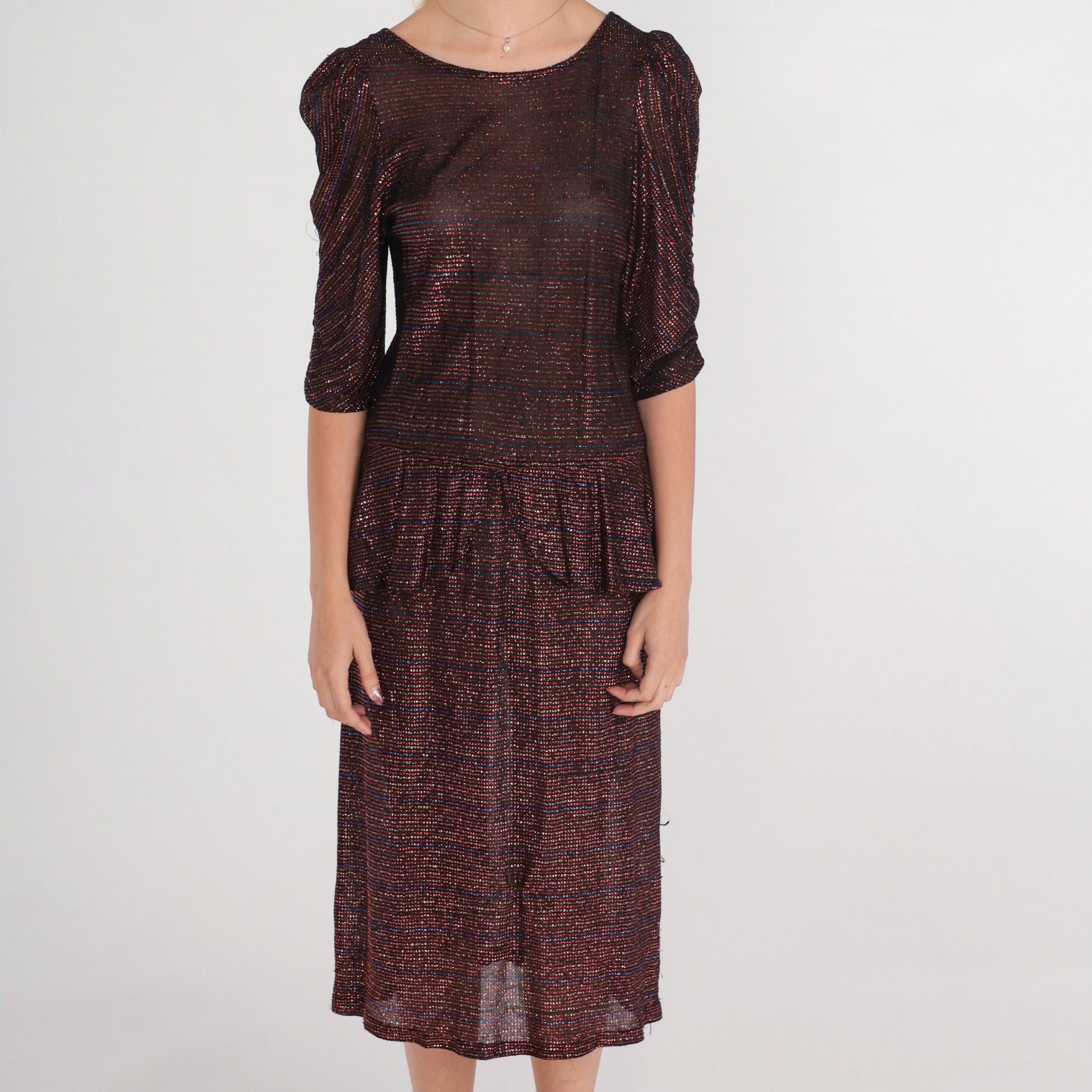 70s Metallic Peplum Midi Dress Puff Sleeve Sparkly Party Cocktail Small S